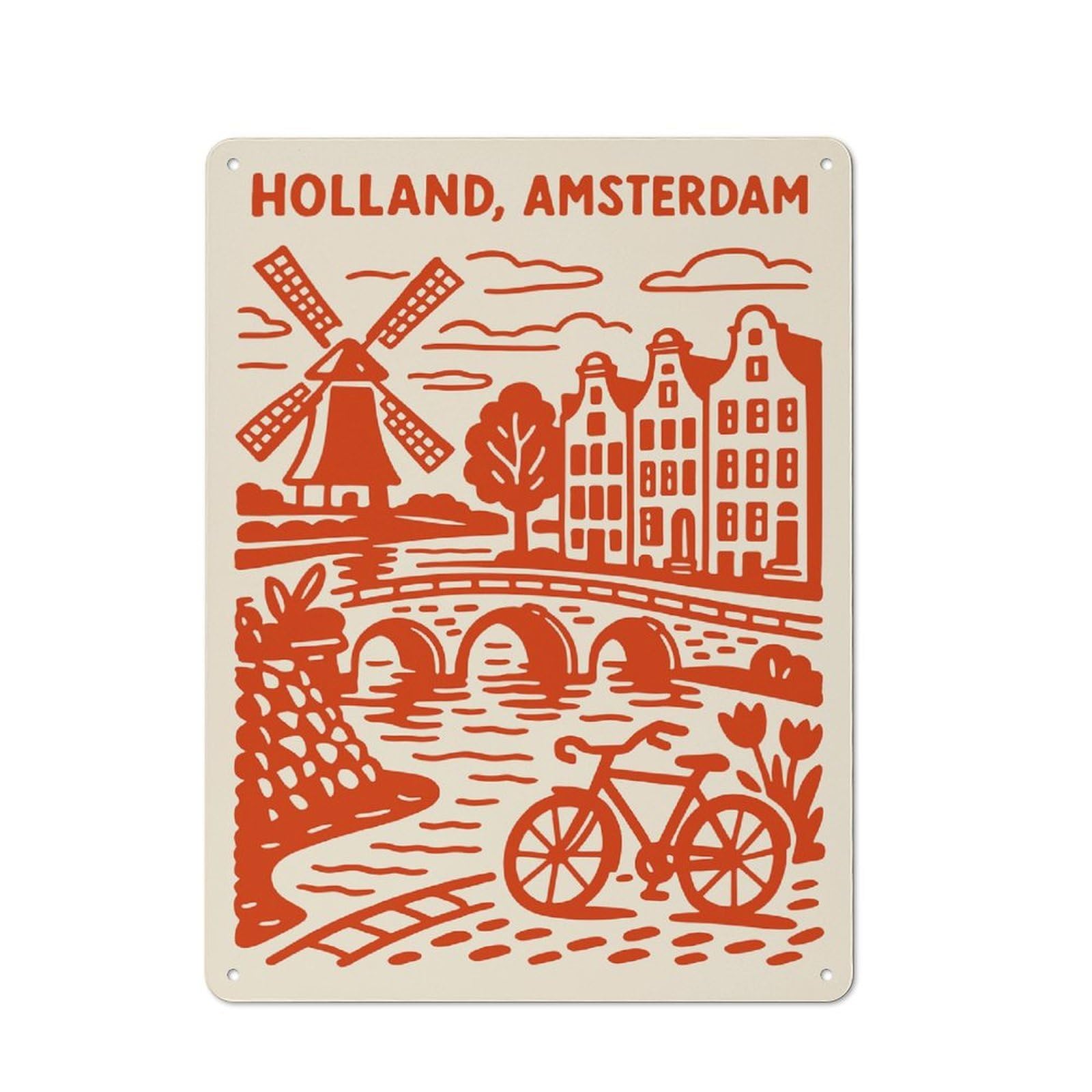 Junmoney Style-8 40X30cm Retro Tin Sign With Holland, Amsterdam Illustration For Lounge Or Reading Corner, A Decorative Metal Sign For Lounges And Reading Corners