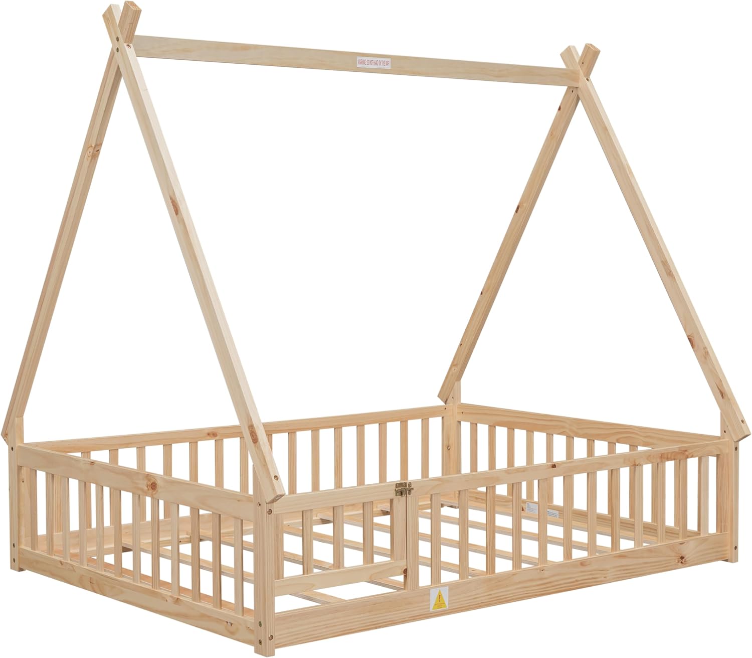 Full Size Floor Bed Tent with Guardrails Slats – Natural Wood Design, 1 Door for Bedroom, Safe Stylish Kids Adult Sleeping Solution (1 Doors)