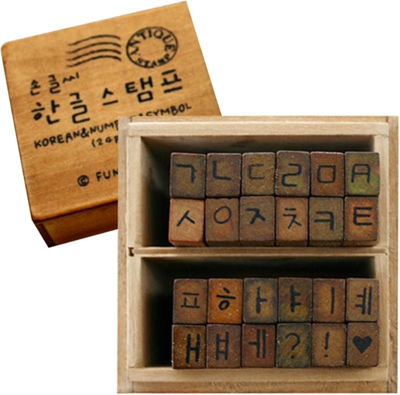 DEAD SKIN Handwritten Style Korean Stamp Set, 24-Piece Hangul, Numbers and Symbols Rubber Stamps with Wooden Storage Box, Vintage Design