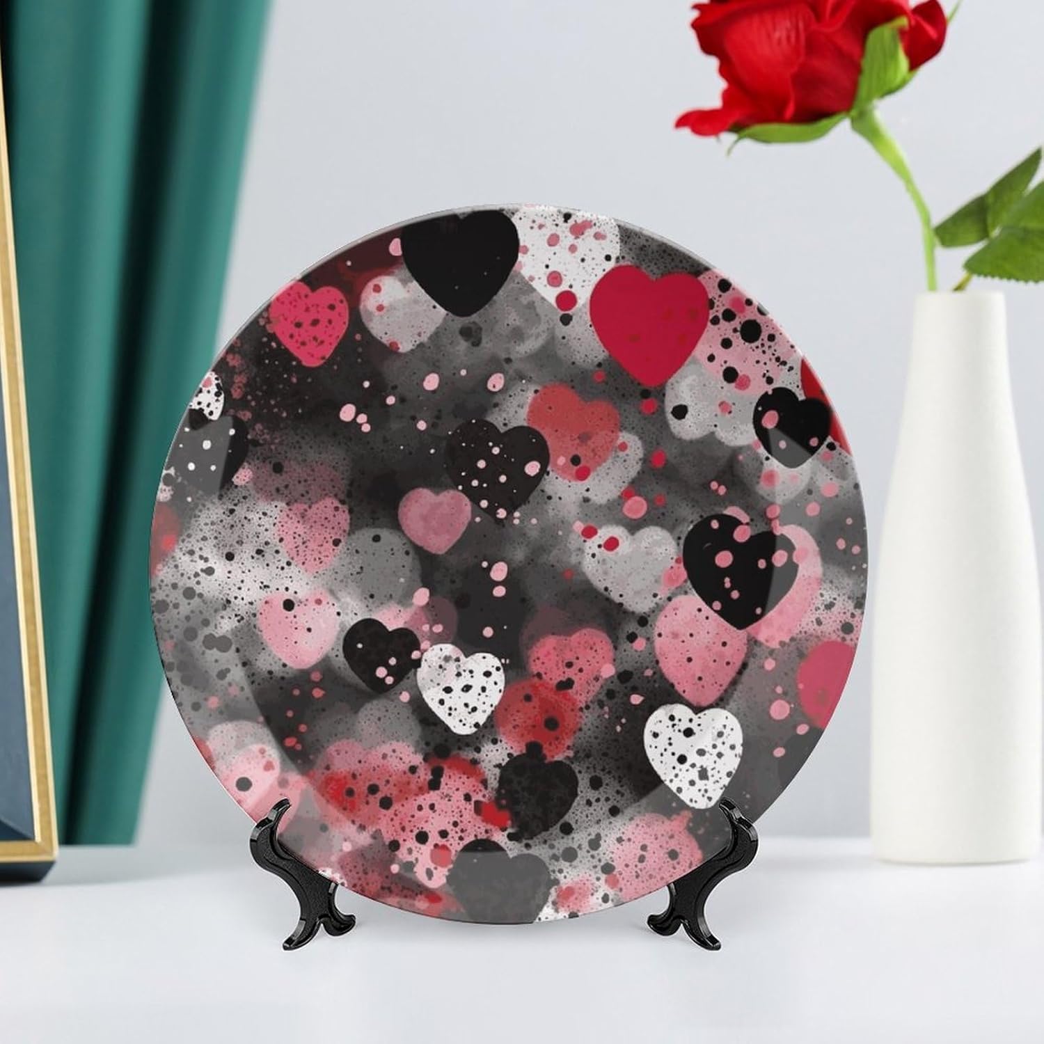 Black Polka Dot Heart Ceramic Plate 10inch Decorative Bone China Wall Hanging Ornament Plates Bohemian Style Dinner Plate with Display Stand Cabinet Display Plates for Home Art Decor