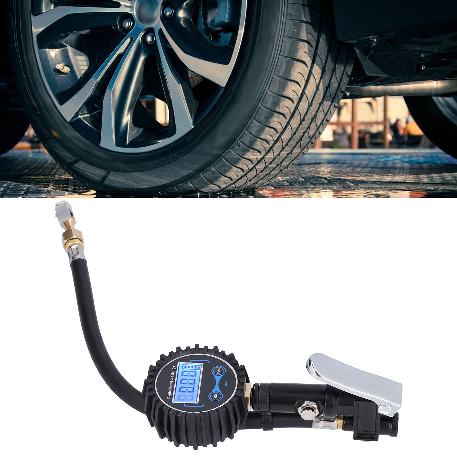 Manometro per Gonfiaggio Pneumatici 300PSI, Display LCD Digitale con Retroilluminazione 4 unità di Pressione PSI BAR KPA KG CM² per Auto, Moto, Bici, Camion