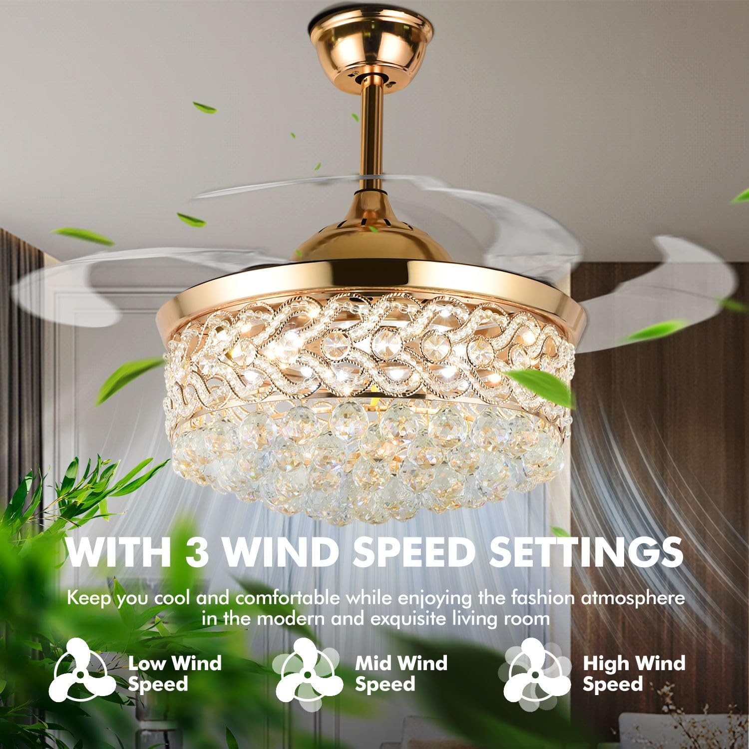 Ruiwing 42" Crystal Ceiling Fan with Light Modern Chandelier Retractable Blades Fandelier Remote Control 3 Speeds 3 Colors Silent Ceiling Lighting Fixture for Living Room Bedroom Kitchen