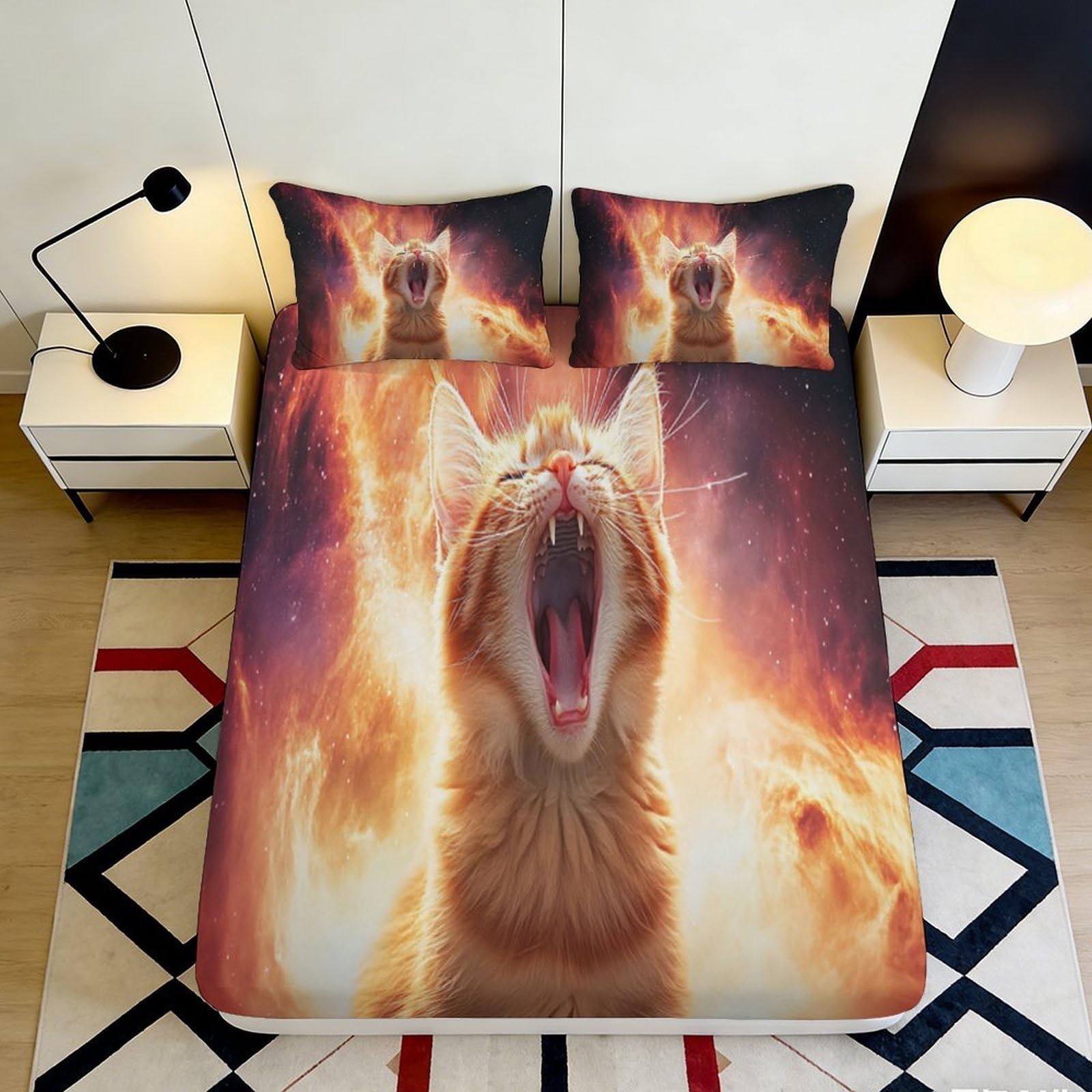 3D Printed Fiery Cat Fitted Sheet Microfiber Soft Breathable Cosmic Nebula Mattress Cover for Bedroom Dormitory Guest Room Mattress Protection Decor 160x200x25cm