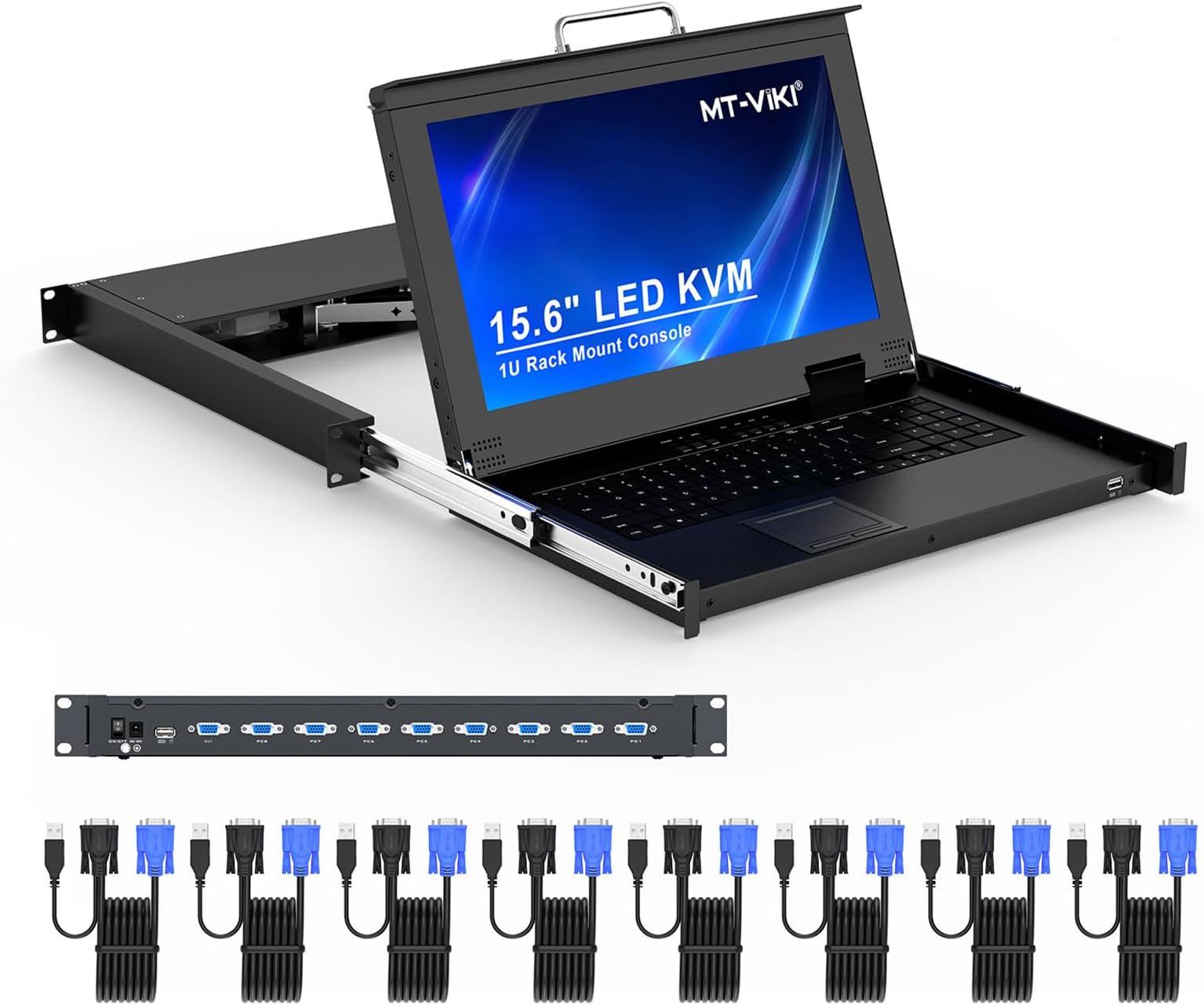 MT-VIKI Rack Mount KVM Console w/15.6" LCD Monitor, 8 Port VGA KVM Switch, 1920x1080@60Hz 1U Integrated Monitor Keyboard, Fits 18.9" to 31.5" Deep Racks (480-800mm), Included 8 Cables