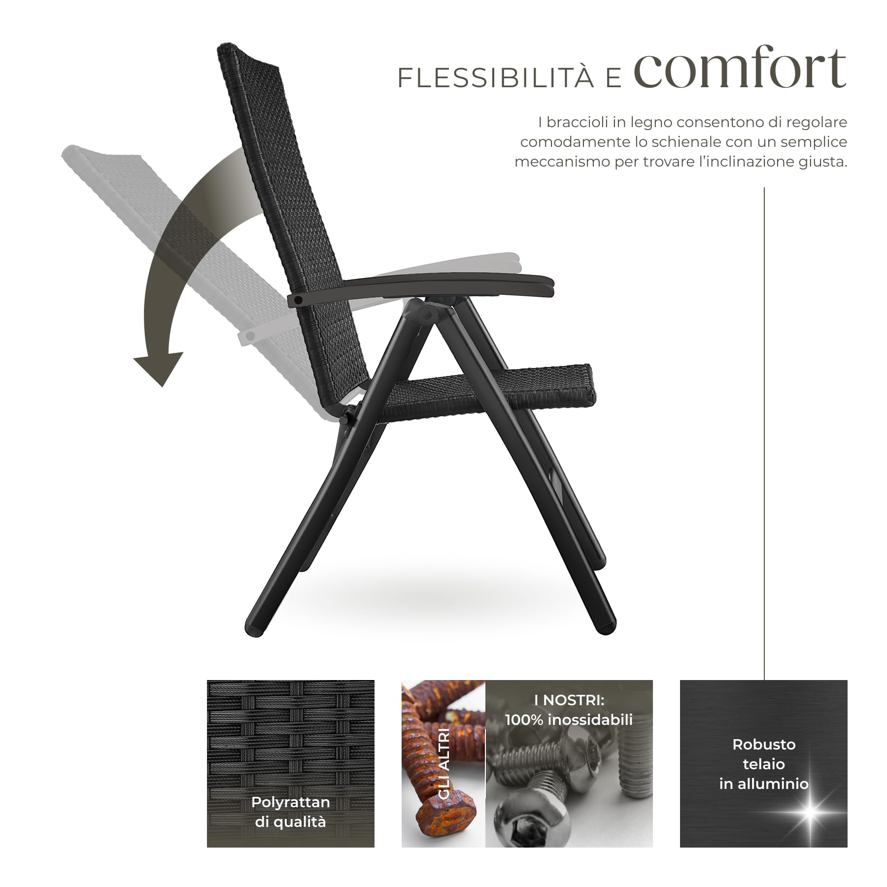 Poltrona da Giardino in Poly Rattan Regolabile Pieghevole Resistente alle Intemperie Carico Max 120 kg Nero