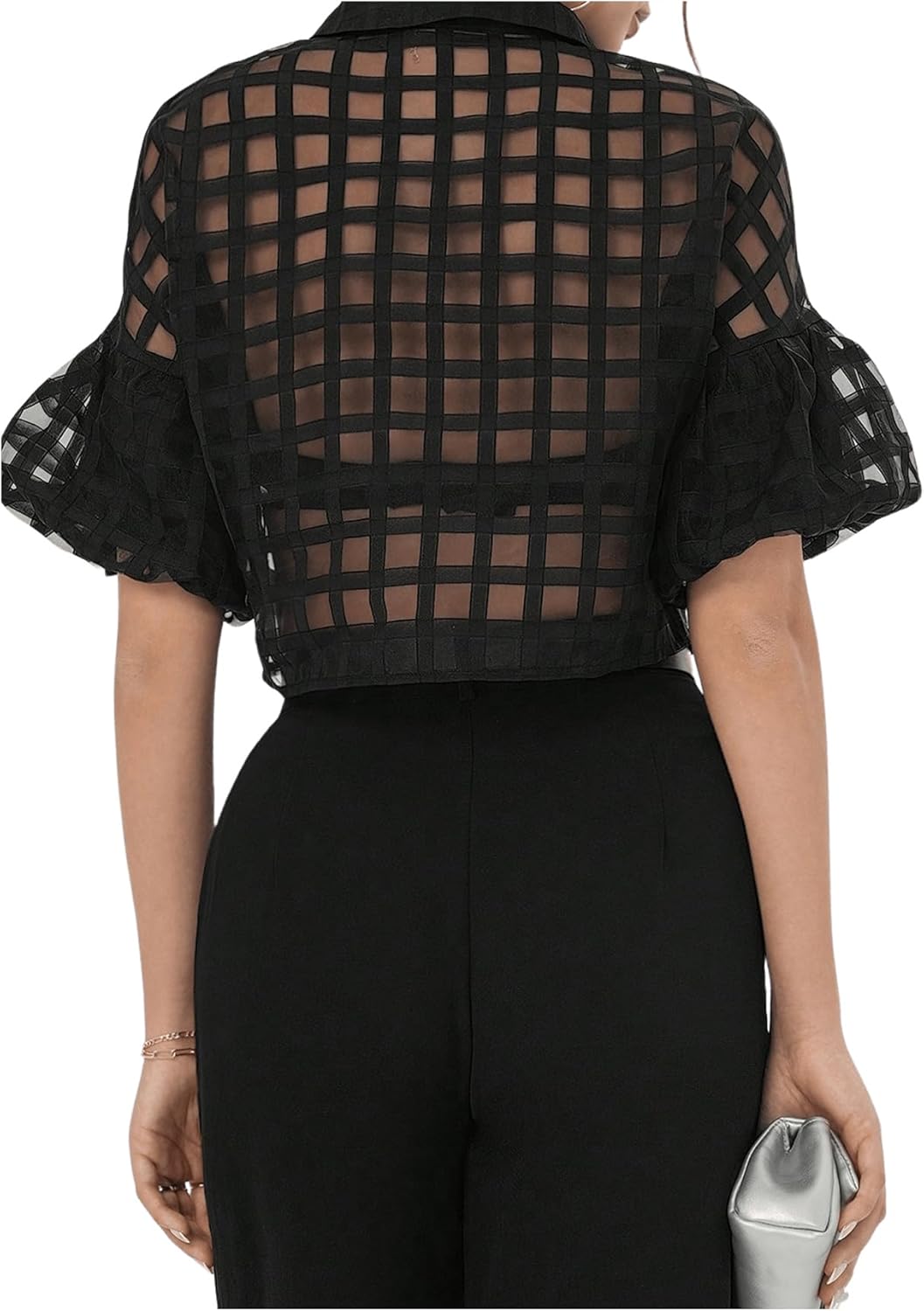 Floerns Women's Button Down Sheer Mesh Short Sleeve Collared Neck Crop Blouse Shirts - Image 3