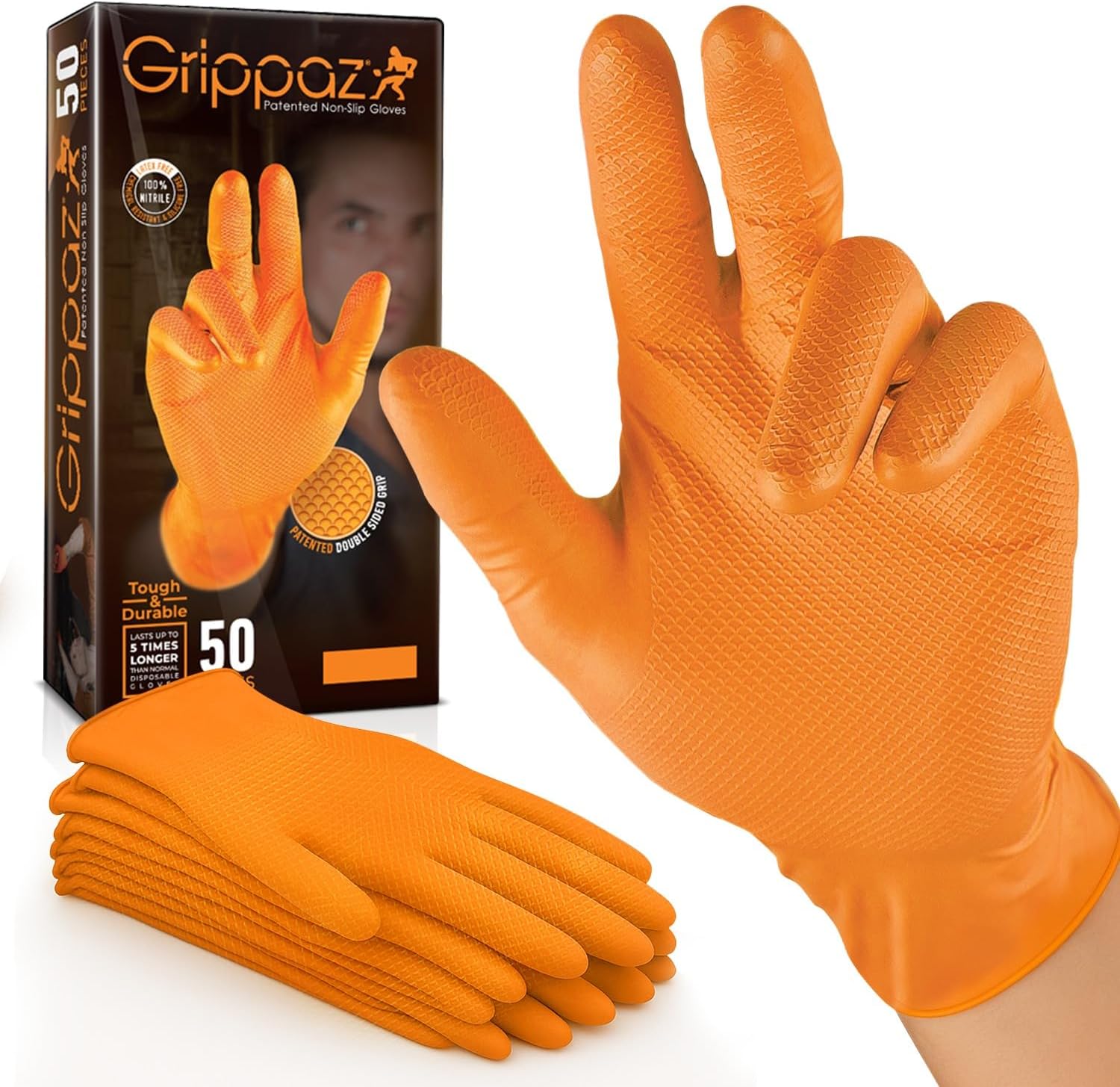 (Pack of 50 Grippaz Nitrile Gloves Working Gloves Extremely Robust Non - Slip Ideal for Workshops Mechanics Industry Rubber Disposable Gloves (Orange, XL)