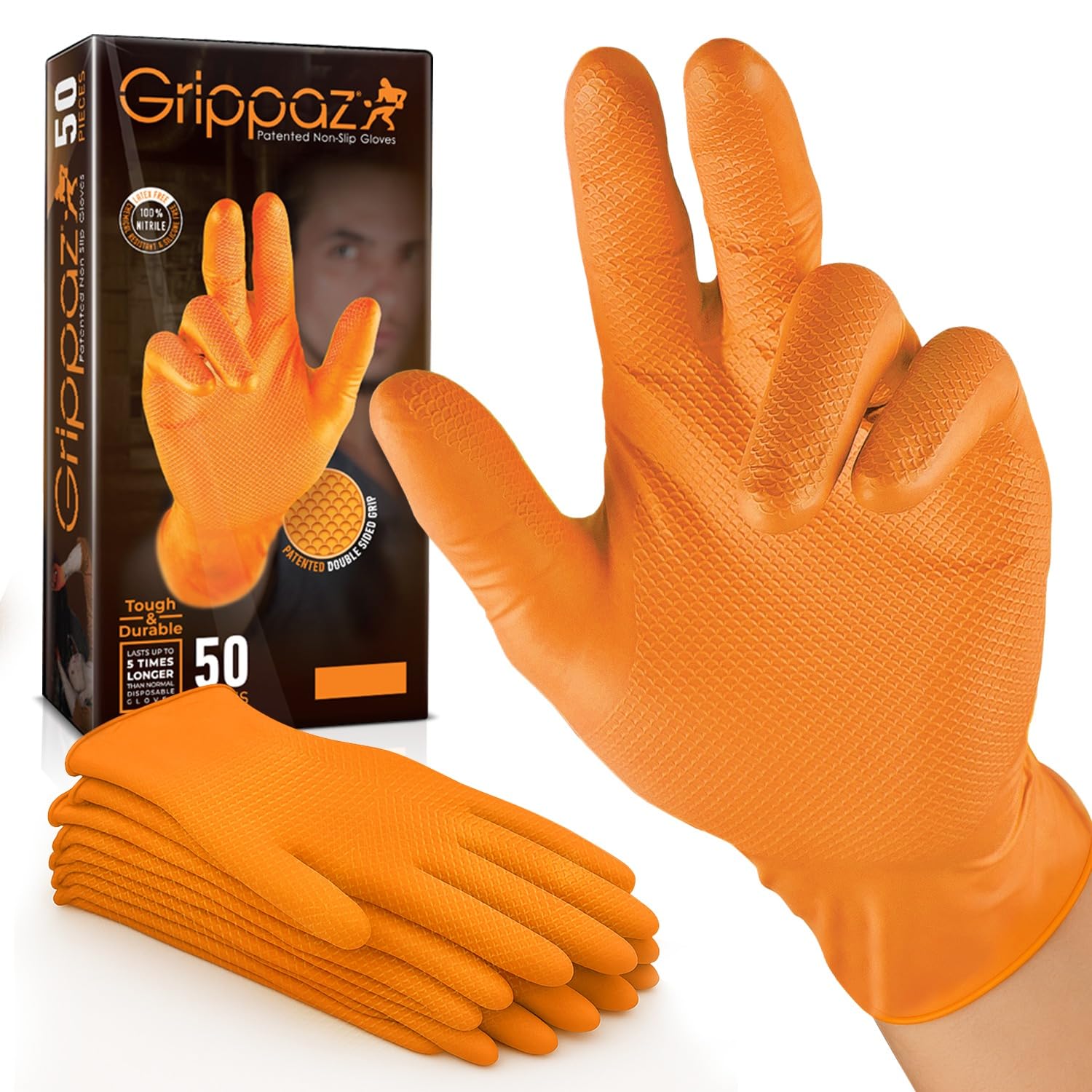 (Pack of 50 Grippaz Nitrile Gloves Working Gloves Extremely Robust Non - Slip Ideal for Workshops Mechanics Industry Rubber Disposable Gloves (Orange, XL)