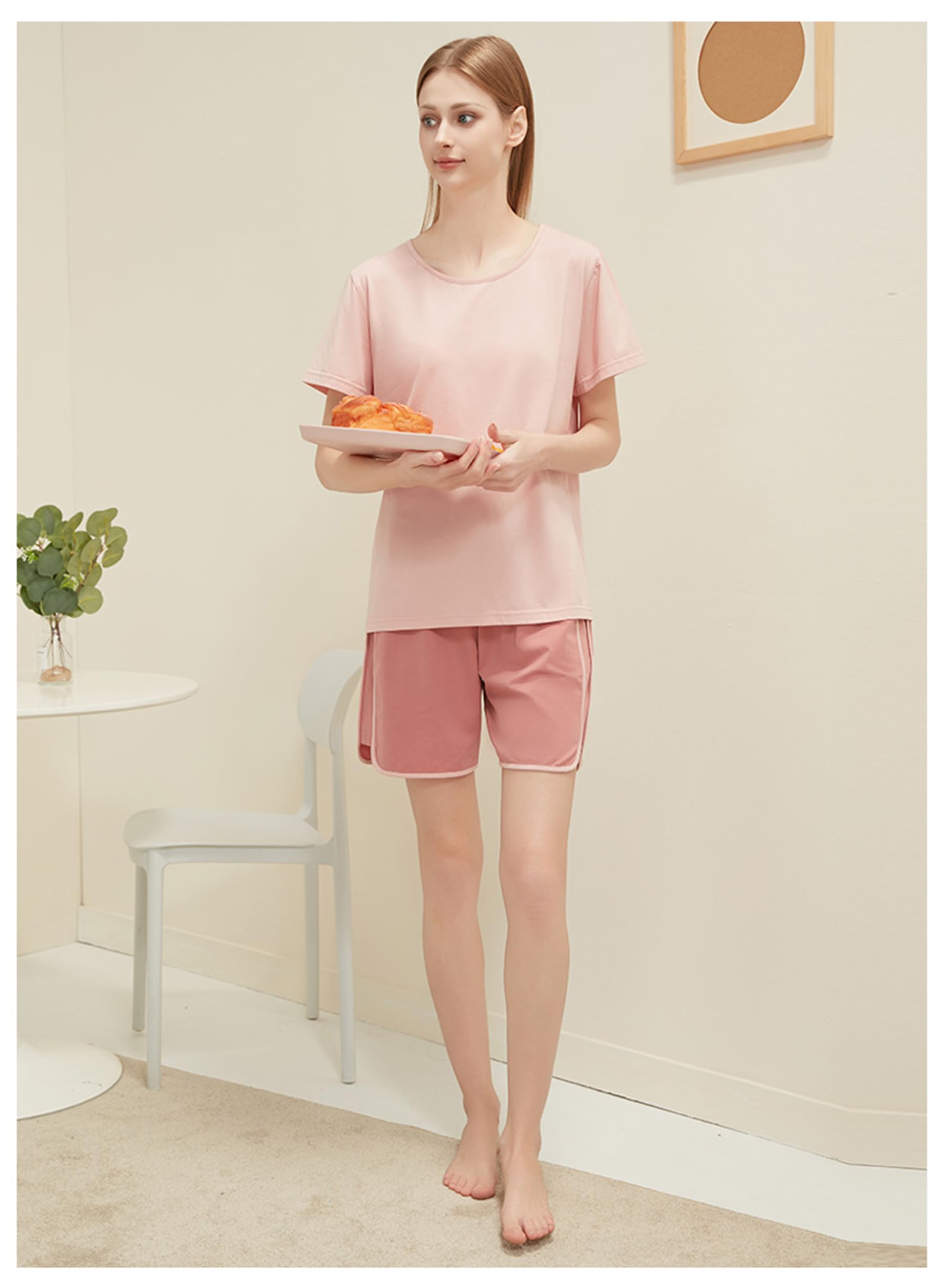 Generic Damska 2-częściowa piżama letnia cienka dzianina czysta bawełniana piżama okrągły dekolt krótkie spodenki z krótkim rękawem,Light pink,L