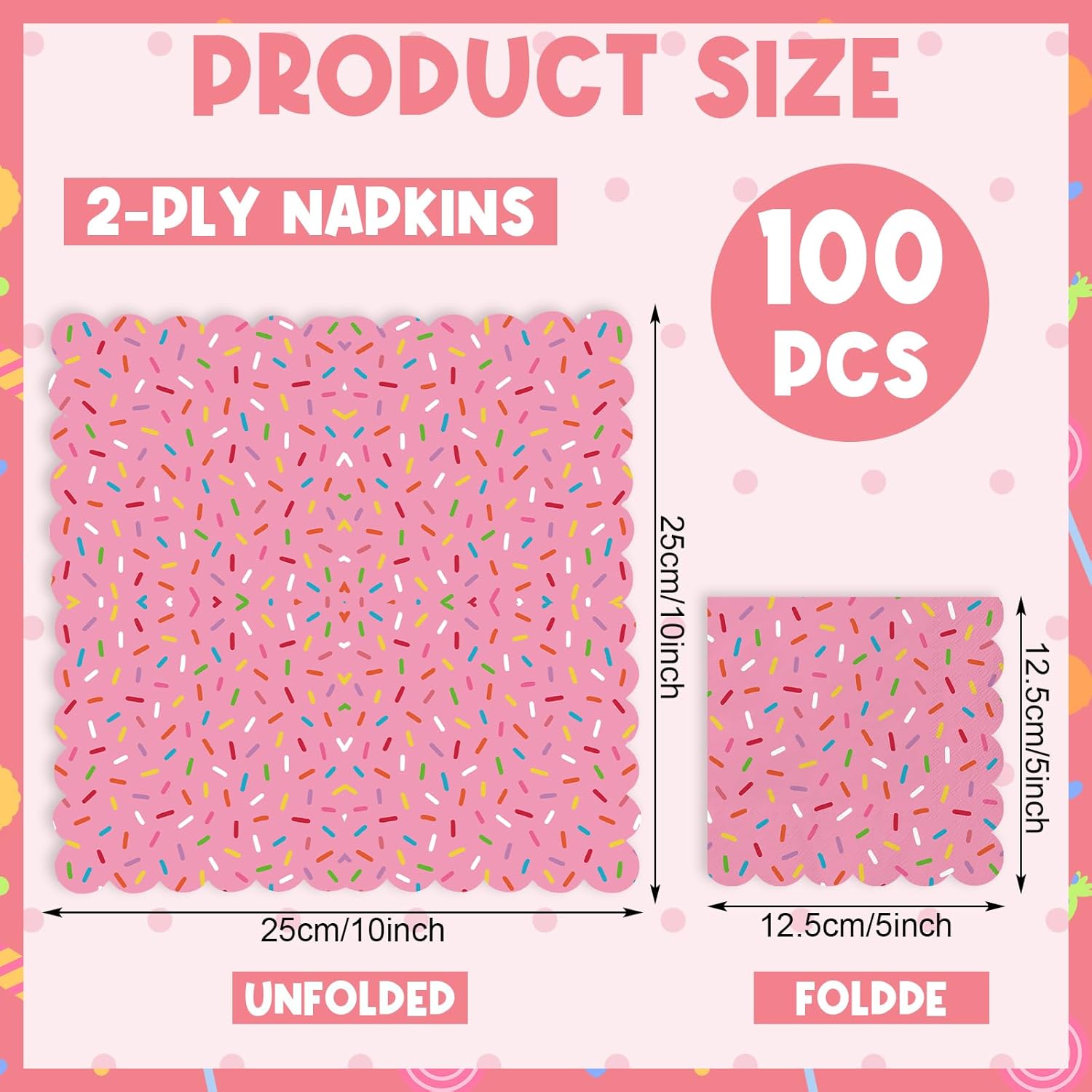 Crtiin 100 Pcs Donut Sprinkle Napkins Scalloped Ice Cream Napkins Disposable 2 Ply Donut Party Paper Cocktail for Baby Shower Birthday Wedding Party Cupcake Table Decor Supplies(Pink) - Image 2