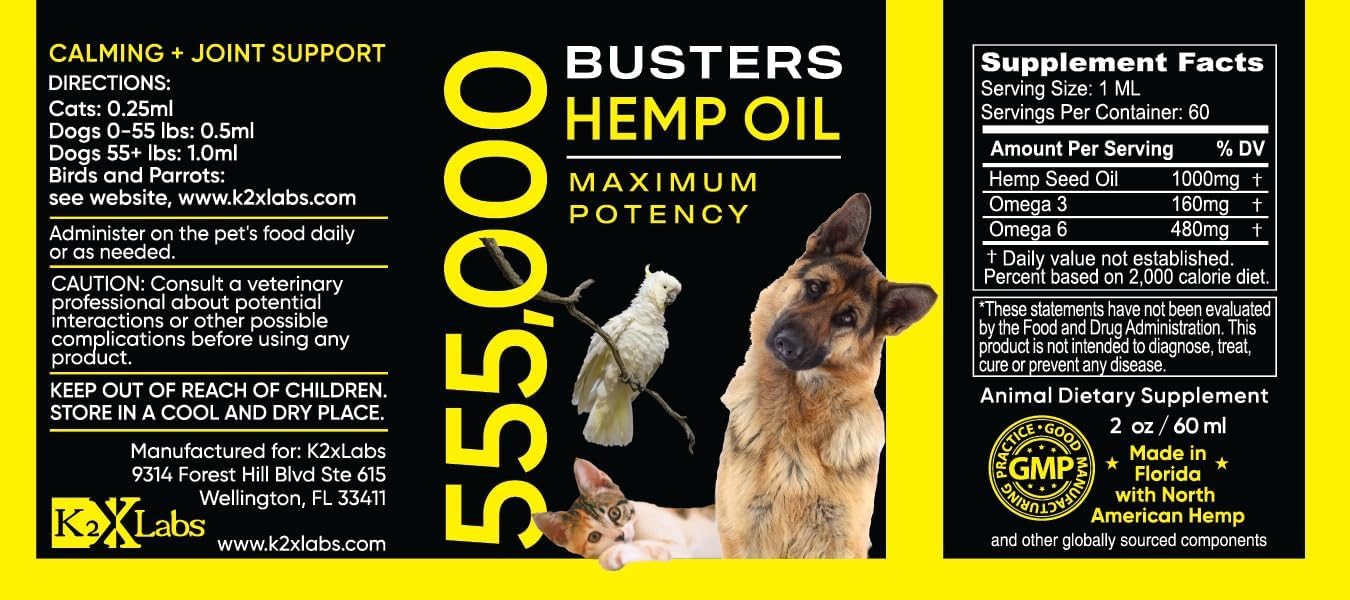 Buster's Organic Hemp Oil for Dogs and Cats, Economy 4PACK-8MTH-Supply, Large 60ml Bottle, Made in USA - Miracle Formula, Perfectly Balanced Omega 3, 6, 9 - Supports Joints