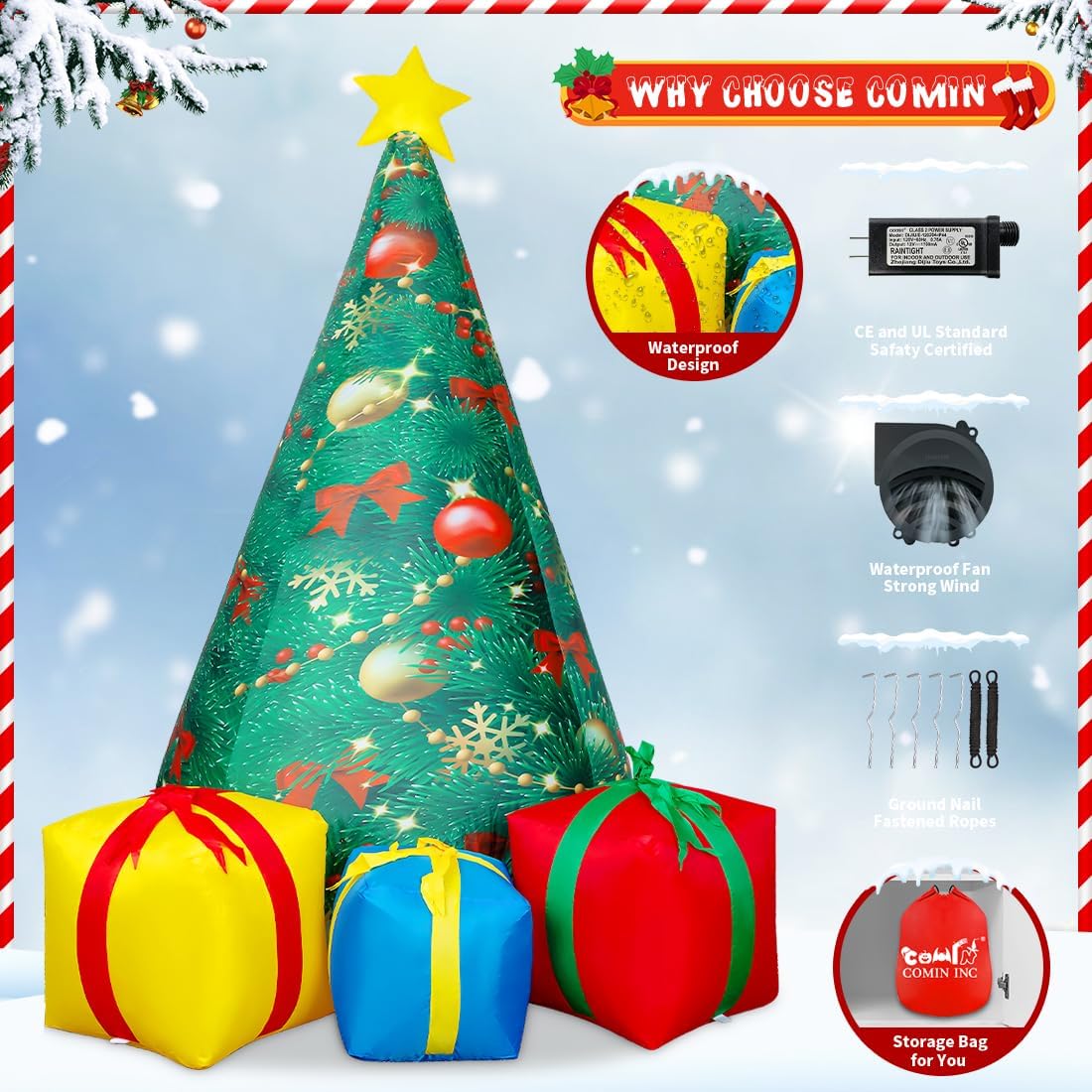 COMIN 7 FT Christmas Decorations Inflatables Tree Outdoor Blow Up Yard Gift Box with Built-in LEDs for Indoor Party Garden Lawn Decor