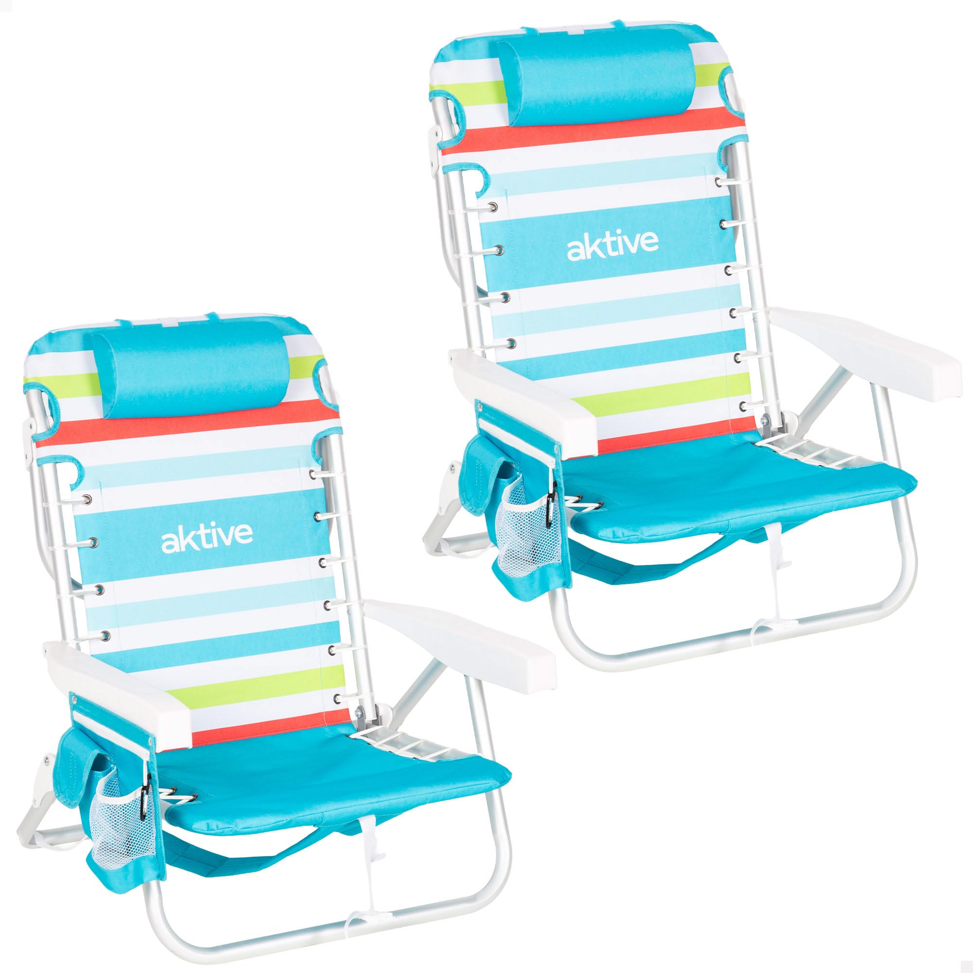 AKTIVE Pack 2 sillas Playa, 50x53x77 cm, 5 Posiciones, Rayas Multicolores, Peso soportado por Silla 110 kg, Cojín, Bolsillos, Antivuelco, Posavasos Laterales, Asas Mochila (85558)