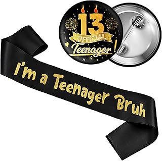 13th Birthday Decorations Teenager Boy - 2 Pcs Black Gold I'm A Teenager Bruh Birthday Sash 13 Official Teenager Badge Decor Gift for Teen Boys Girls 13 Year Old Bday Decoration Accessory Gifts