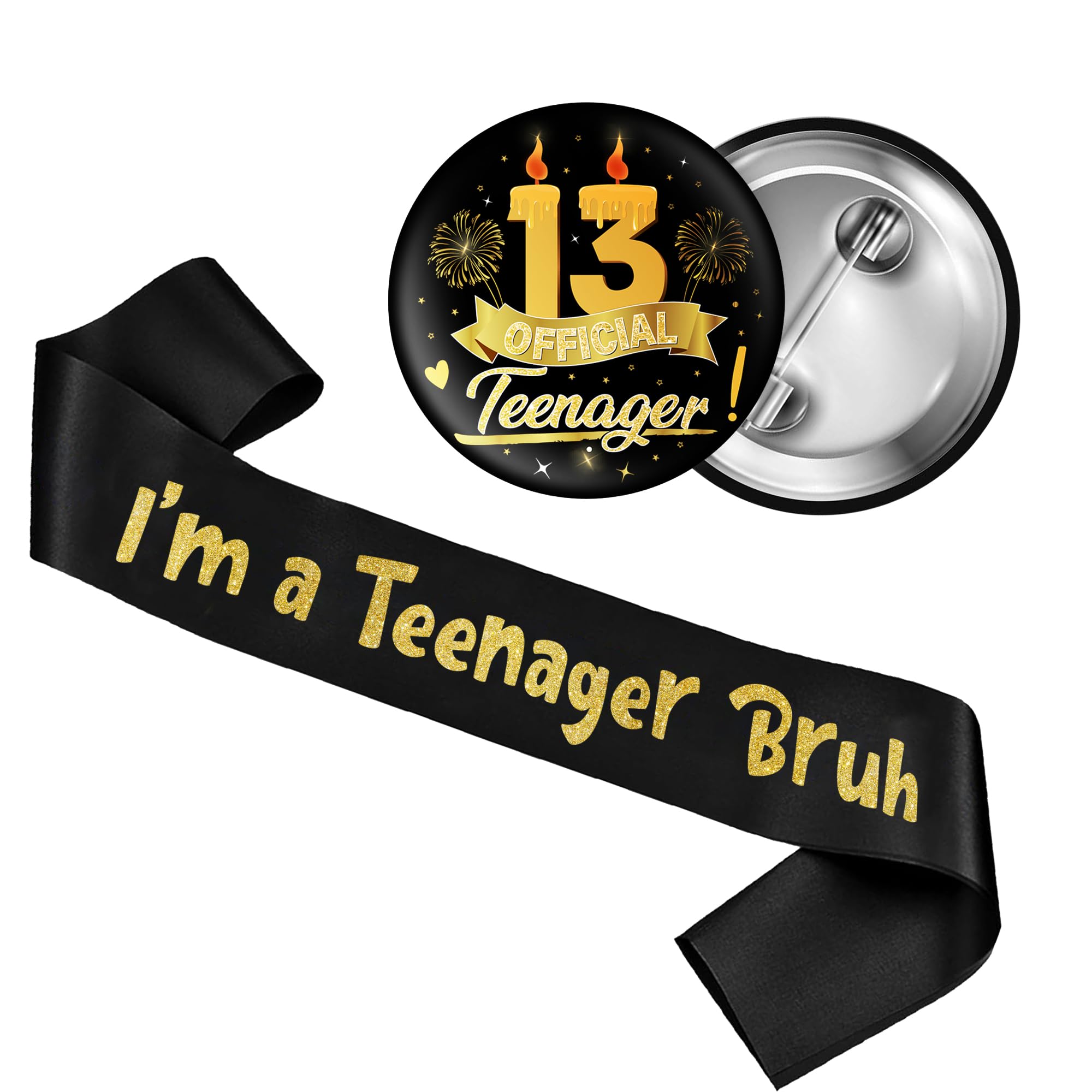 13th Birthday Decorations Gifts Boys - 2 Pcs Black Gold I'm a Teenager Sash Pin Badge Teen Boy for Boy Officially A Teenager Happy 13 Years Old Bday Party Decoration Supplies