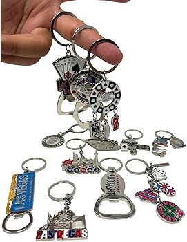 12 Pcs Las Vegas Keychain Metal Ring, 4 Bottle Openers, Poker Chip