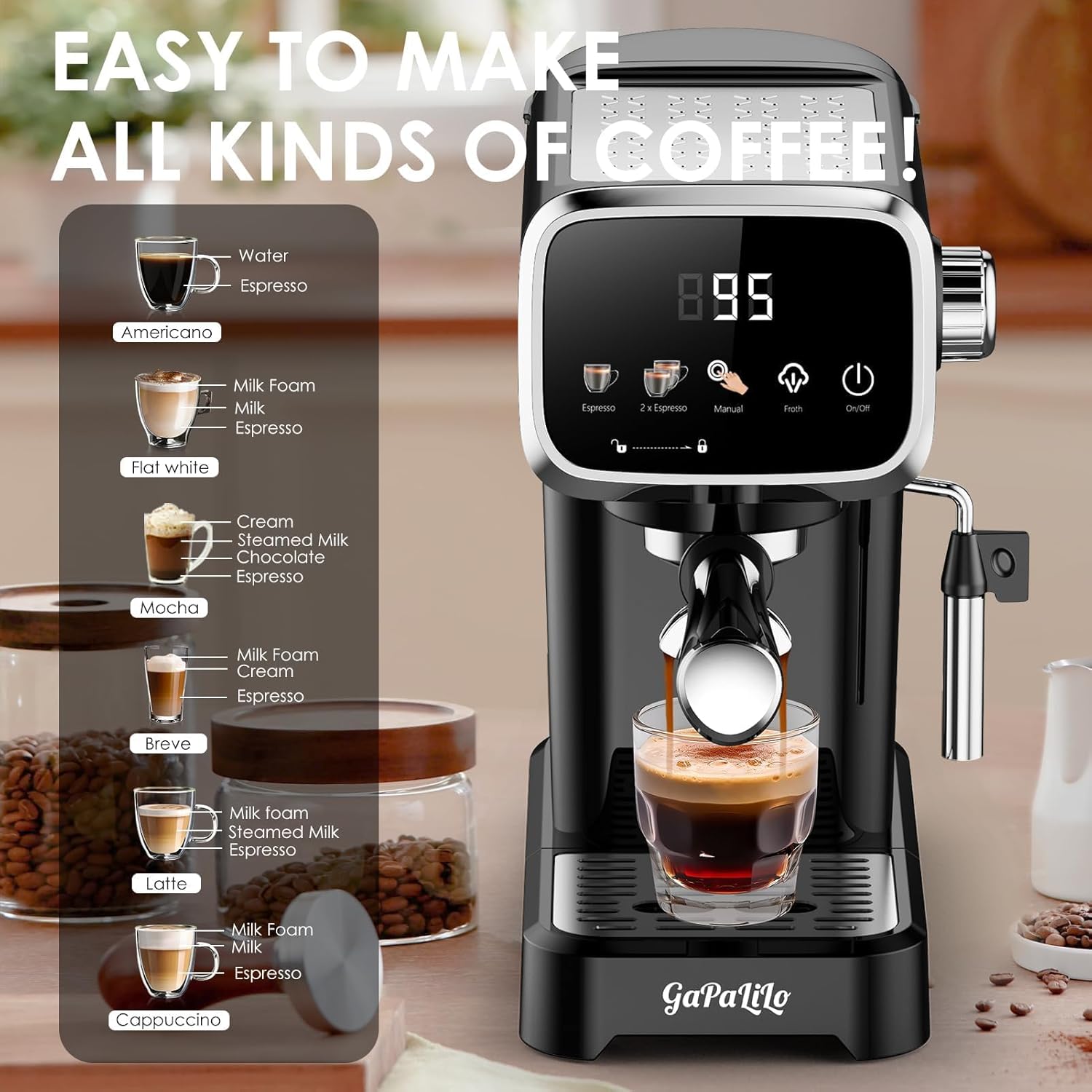 20 Bar Espresso Machine with Milk Frother, Slim Compact Coffee Maker with LED Display,Home Espresso Maker with Child Lock, 43oz PP Removable Water Tank for Home Barista, Dark Black