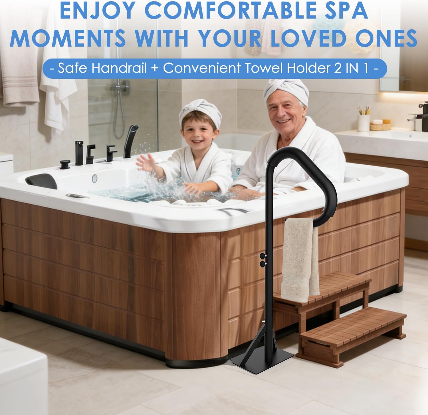 360° Rotatable Hot Tub Handrail, 35"-57" Adjustable Height Black Aluminum Spa Side Rail, 600LBS Load Capacity, No Drill Slide-Under Mount