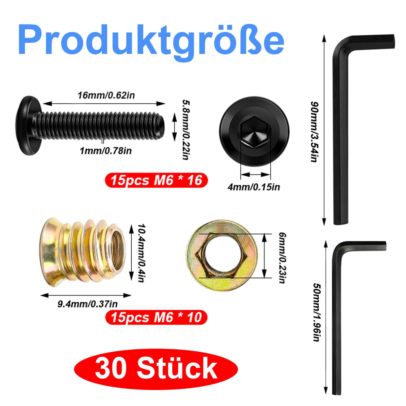 30 śrub z łbem płaskim M6 i nakrętek gwintowanych: 15 wkładek gwintowanych do drewna (M6 x 10 mm) i 15 tulei gwintowanych do śrub łączących meble (M6 x 16 mm), nakrętki gwintowane do mebli drewnianych