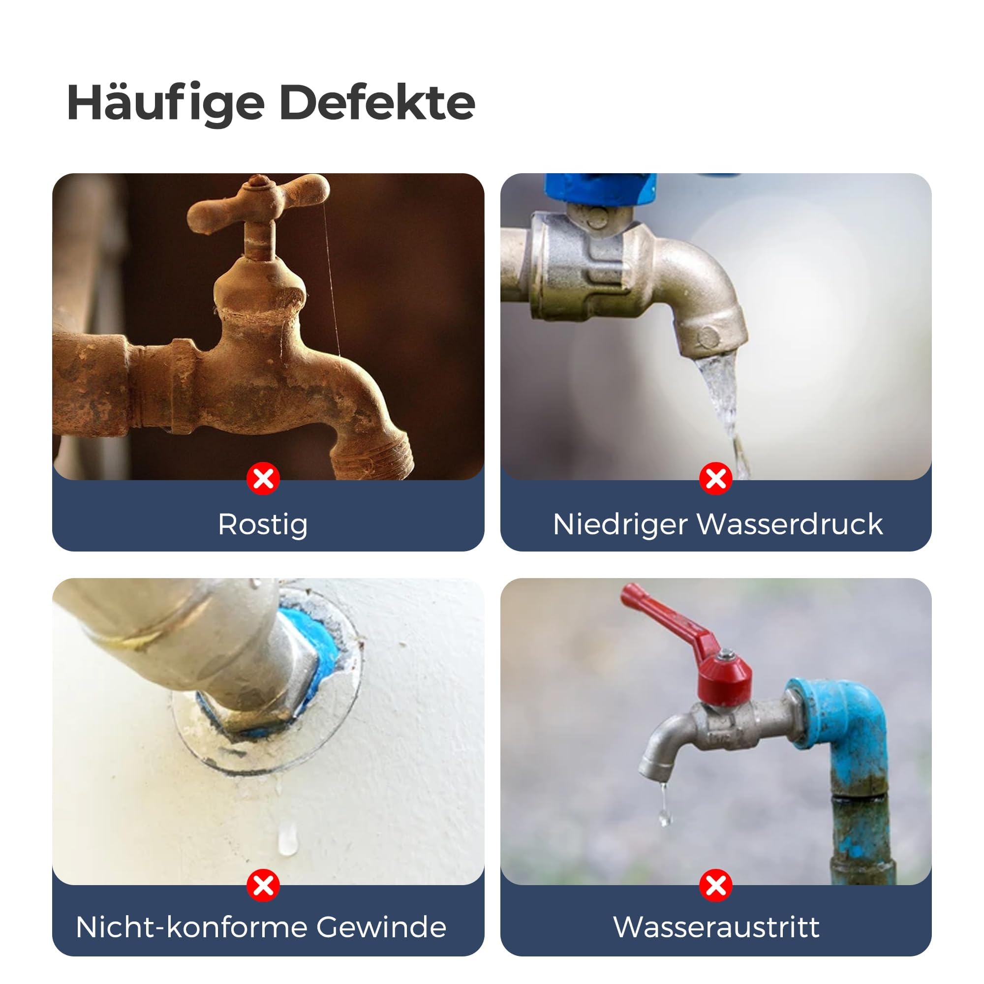 VANCOCO 2 Stk. Doppel Kugelhahn Außen, 1/2 Zoll Anschluss, 2 Schlauchanschlüsse, Dichtband, Gartenwasserhahn für Regentonne & Bewässerungssystem
