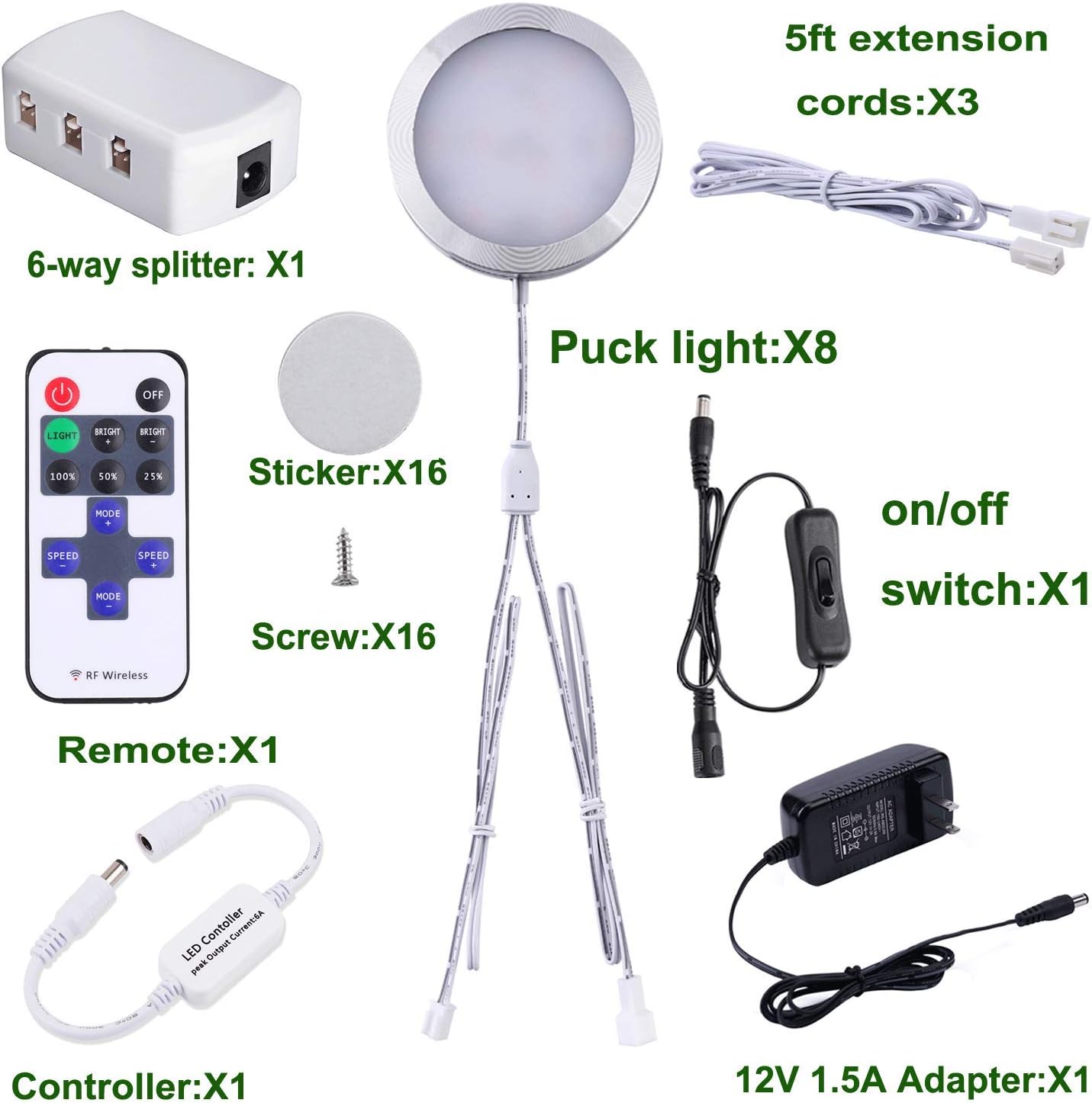 AIBOO Linkable Under Cabinet LED Lighting 12V Slim Aluminum Dimmable Puck Lights with RF Remote Control & UL Listed Plug for Display Bookshelf Lighting(8 Lights, Warm White)