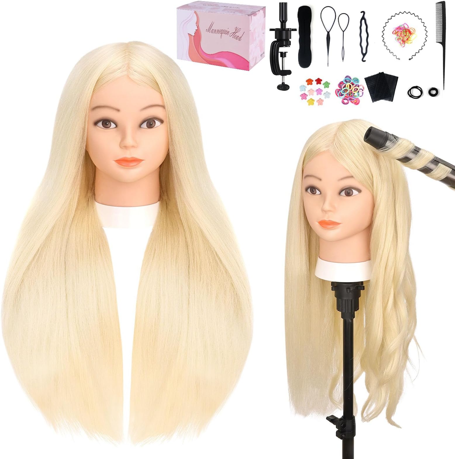 Mannequin Head with 70% Human Hair, Yofuly 26" Gold Real Human Hair Training Head, Cosmetology Doll Head with Clamp Holder & Tools, Practice Doll Head for Hair Styling, Braiding, Curling and Cutting