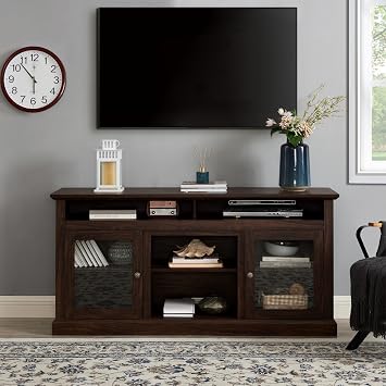 Wood Farmhouse TV Stand Versatile Media Console for TVs up to 65" | Classic Brown Tall Entertainment Center with Adjustable Shelves and Storage Cabinet for Living Room