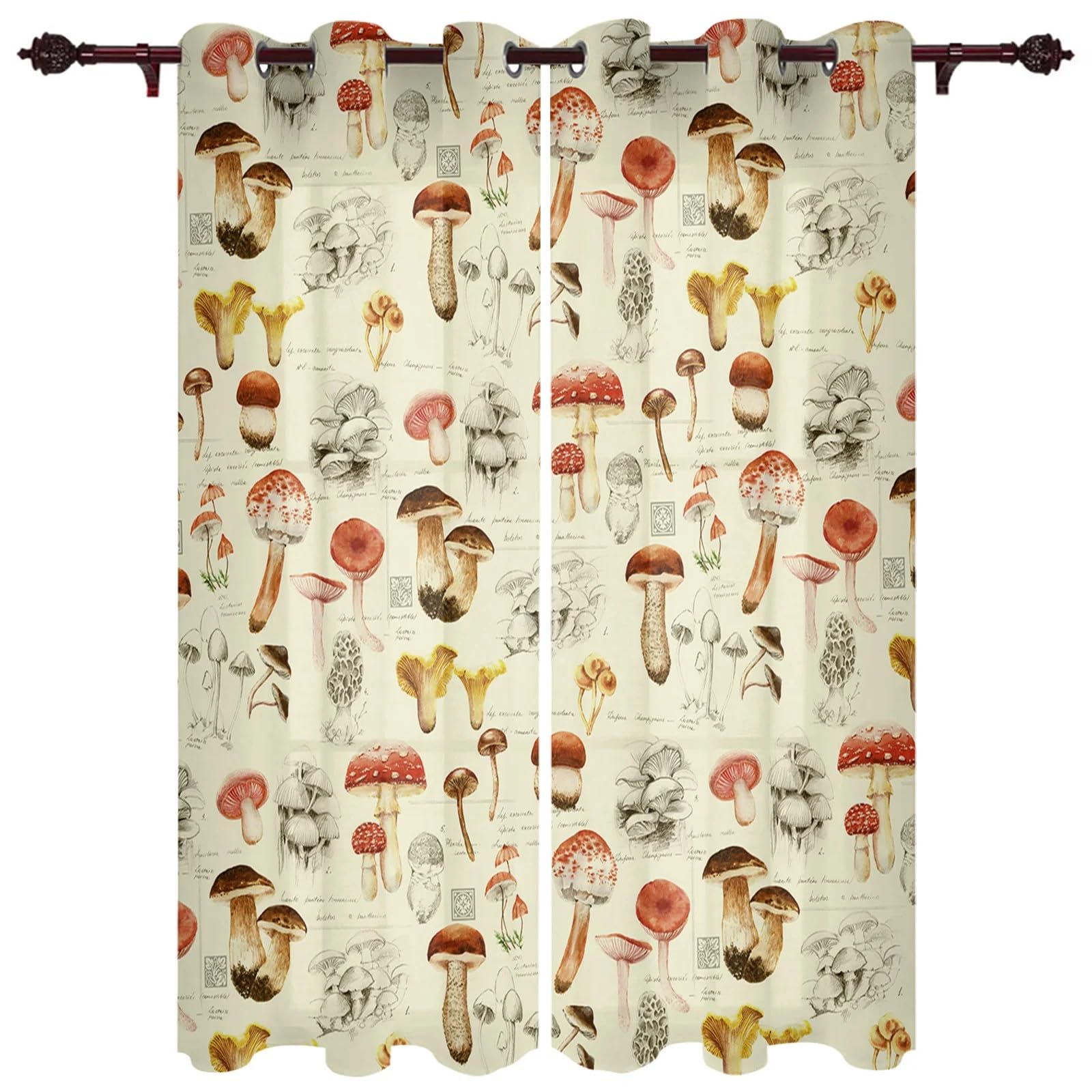 Vintage Mushroom Bedroom Window Curtains, Pastoral Farm Mushroom Decor Eyelet Curtain, Decorative Print Room Darkening Thermal Insulated Privacy Drapes for Kitchen Nursery, W46.2" x L84" x 2 Panels