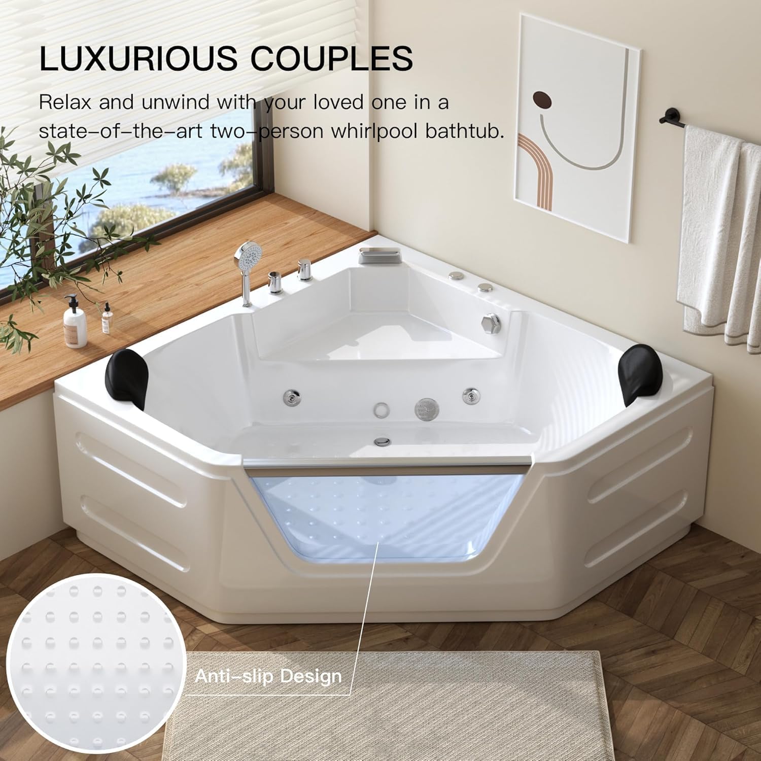 Acrylic Bath Tub with 6 Jetters | Hydromassage SPA Tub for 2 People | 59" Corner Jetted Bathtub with Waterproof Pillows | Chromatherapy Corner Tub for Bathroom