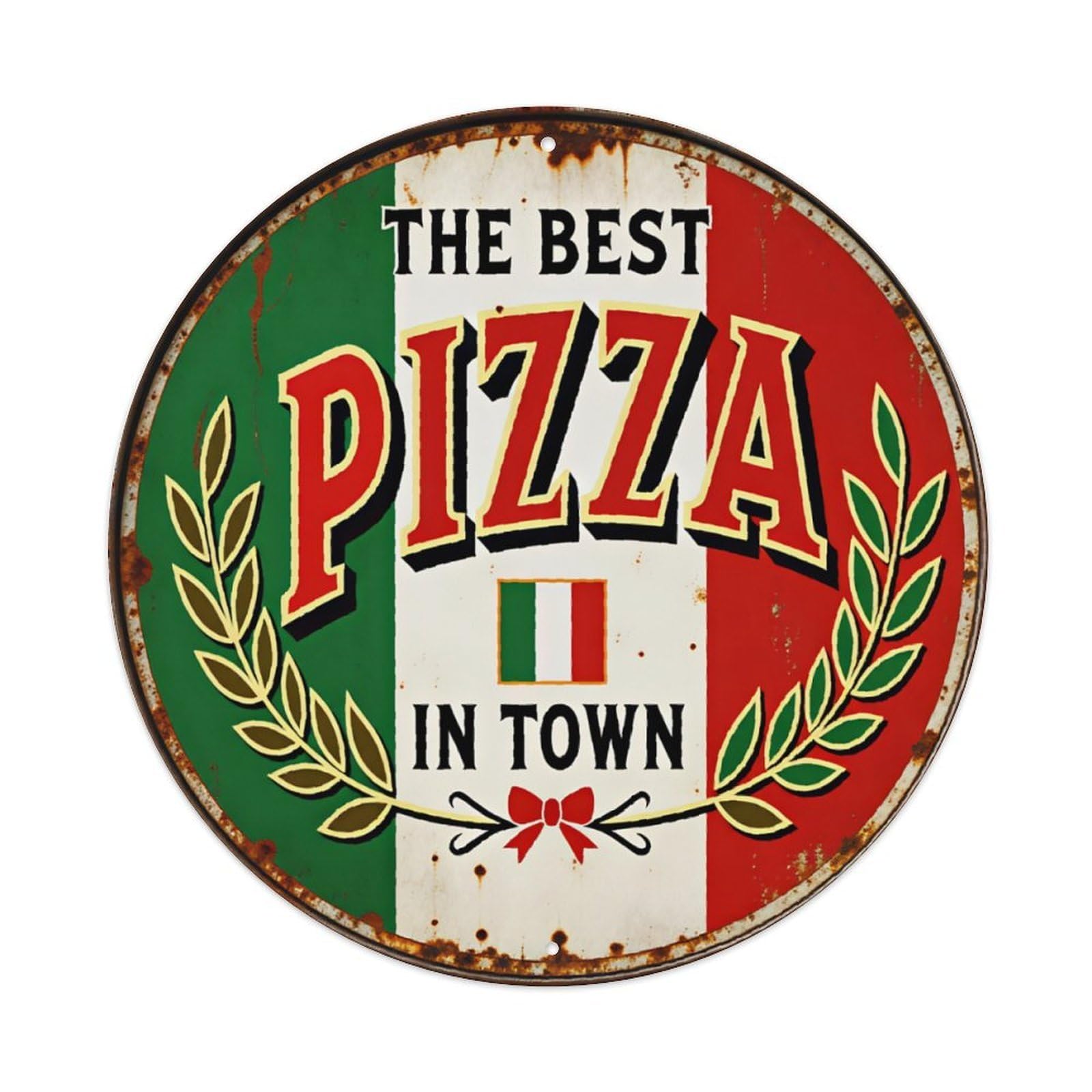 Ldfuieksufg Style Ound Italian Flag Olive Branch Pizza Vintage Food Metal Wall Sign Vintage Aluminium Metal Sign, Retro Wall Decor For Home, Bar, Garage & Farmhouse 20X20cm