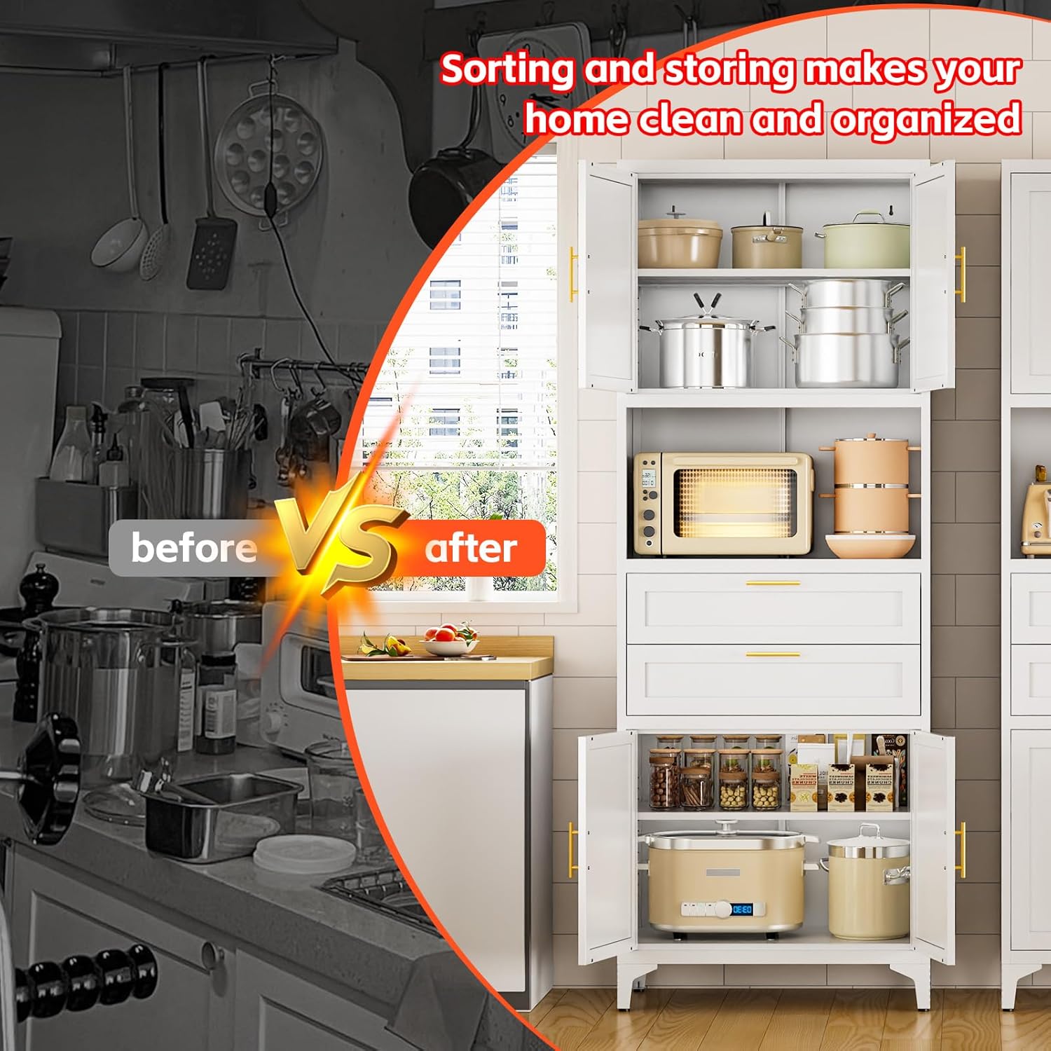 75" Tall Metal Storage Cabinet,Pantry Storage Cabinet with 2 Drawers and Open Space,Kitchen Cupboard with Adjustable Shelves,Multi-Functional Cabinet for Living Room,Bathroom,Garage (White)