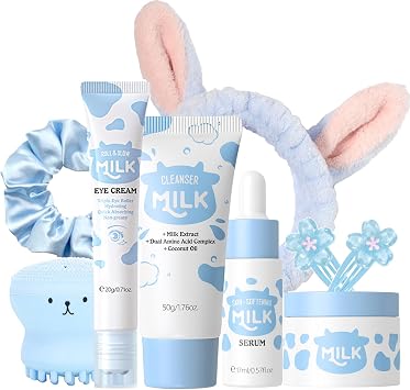 9PCS Milk Skin Care Sets & Kits for Teenage Girls-Moisturizing and Hydrating Skincare Sets- Facial Cleansing Brush & Cleanser, Serum, Face & Eye Cream, Hair Clip&Tie,Complete Gift Sets for Women