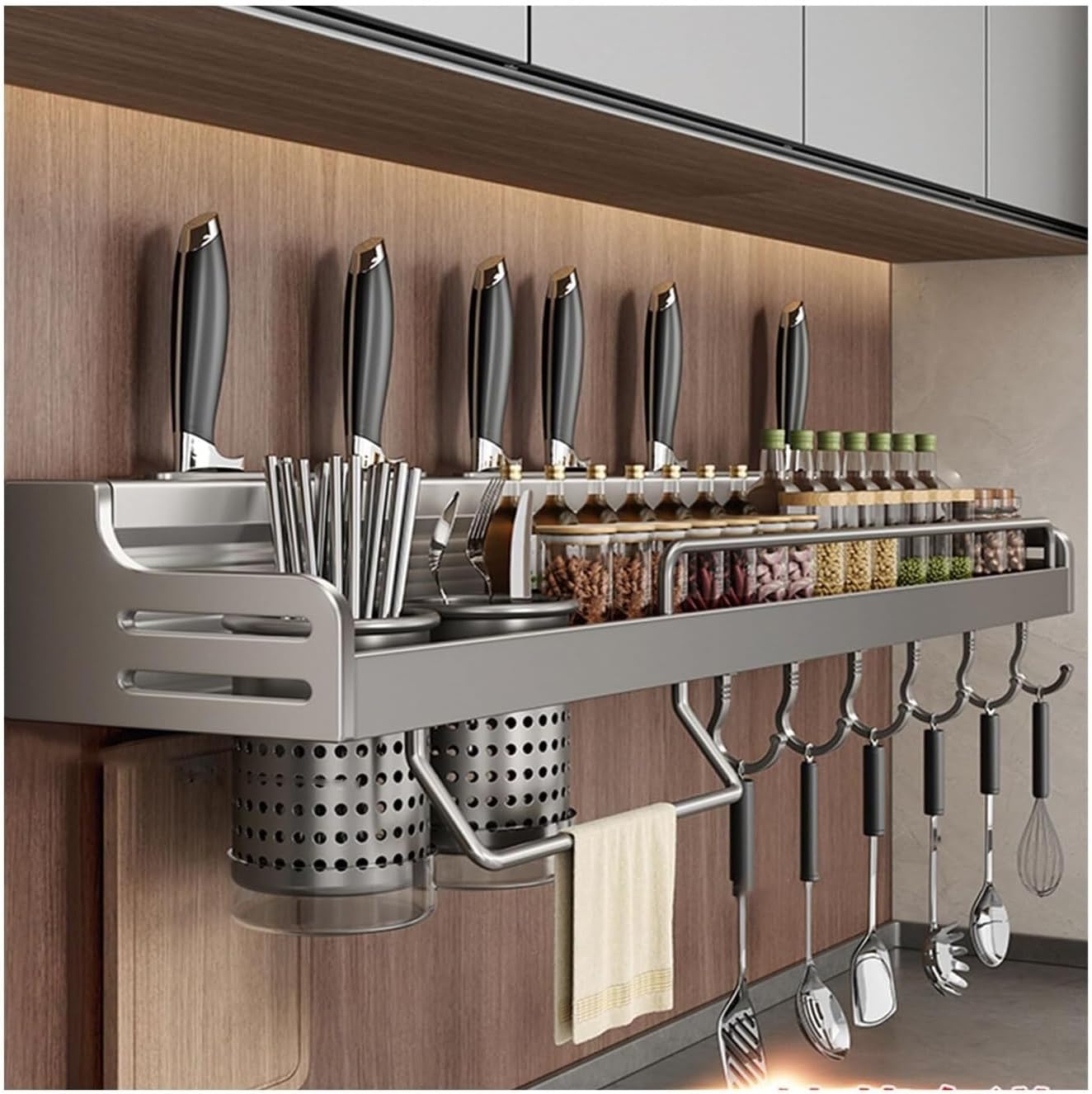 Wall-Mounted Kitchen Utensil Holder with Hooks, 70cm Multifunctional Spice Organizer Shelf, Hanging Storage Rack for Spatulas, Towels, and Seasoning Jars(50cm)