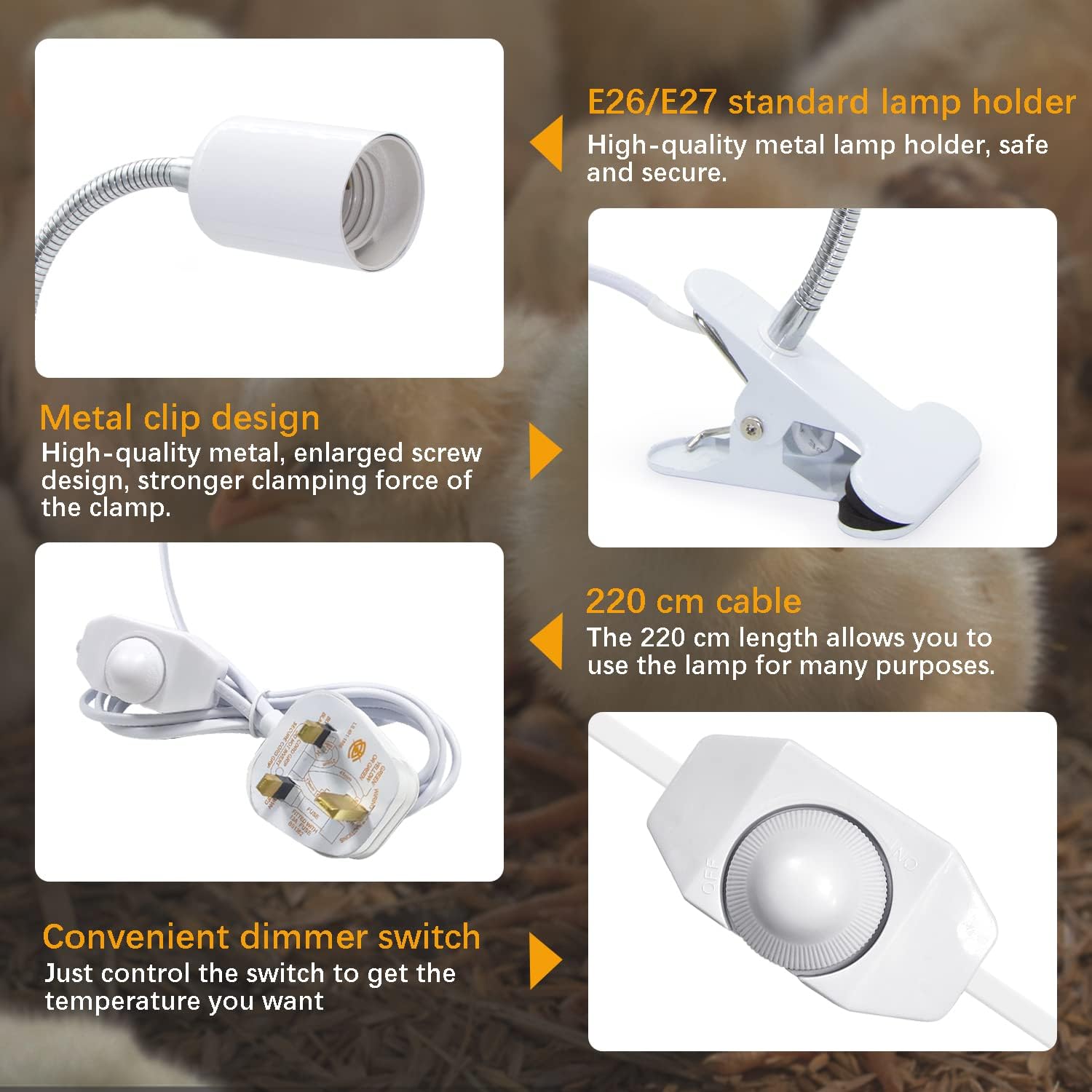 Clip on Light 2Pcs, Clip on E27 Bulb Holder, E27 Lamp Holder with 220cm