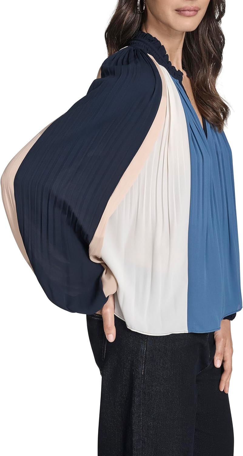 BCBG Womens Long Sleeve Pleated Stripe Blouse - Image 3