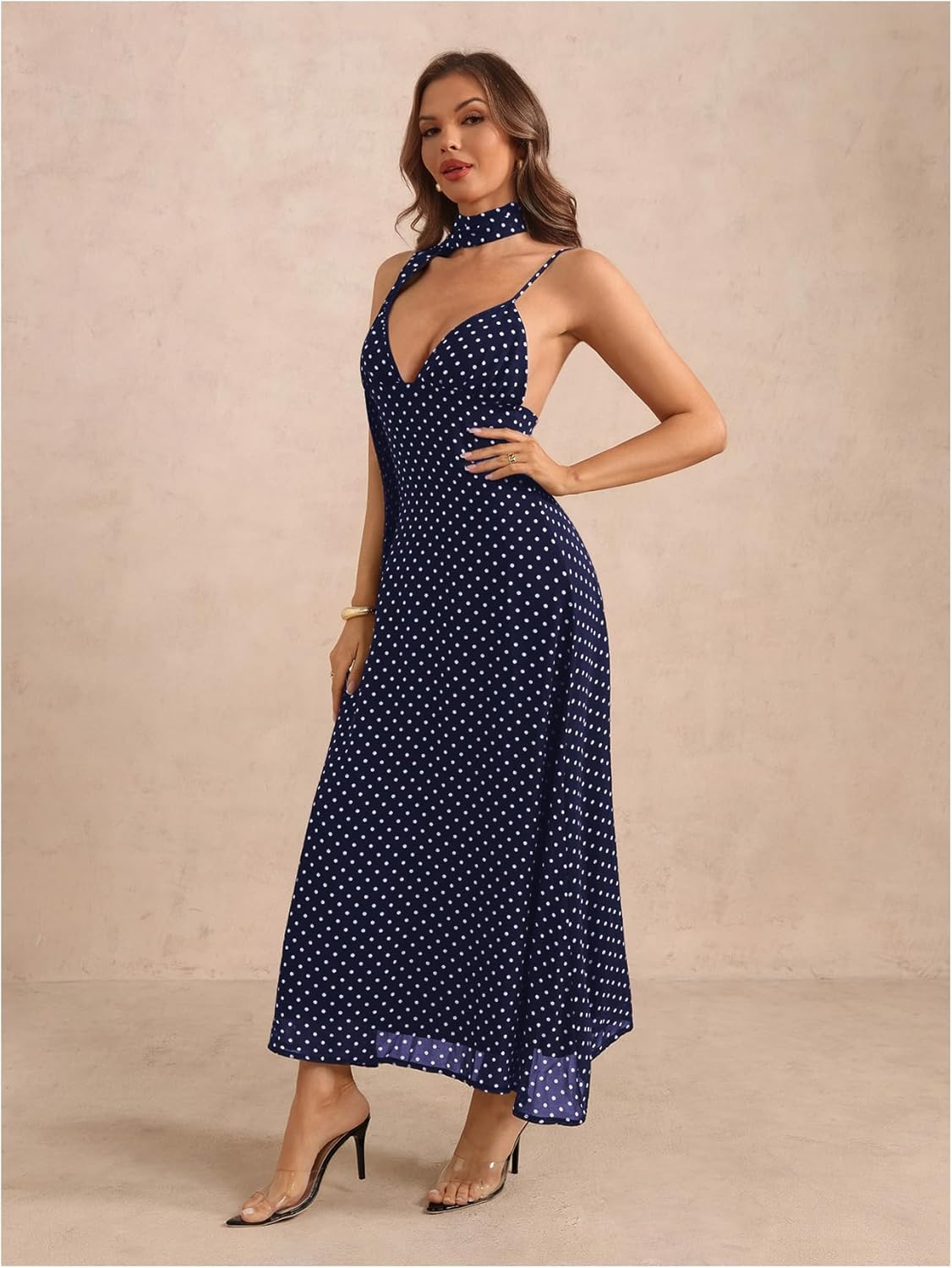 Women's Polka Dots Tie Backless Dress Deep V Neck Spaghetti Strap Maxi Dresses with Scarf - Image 3