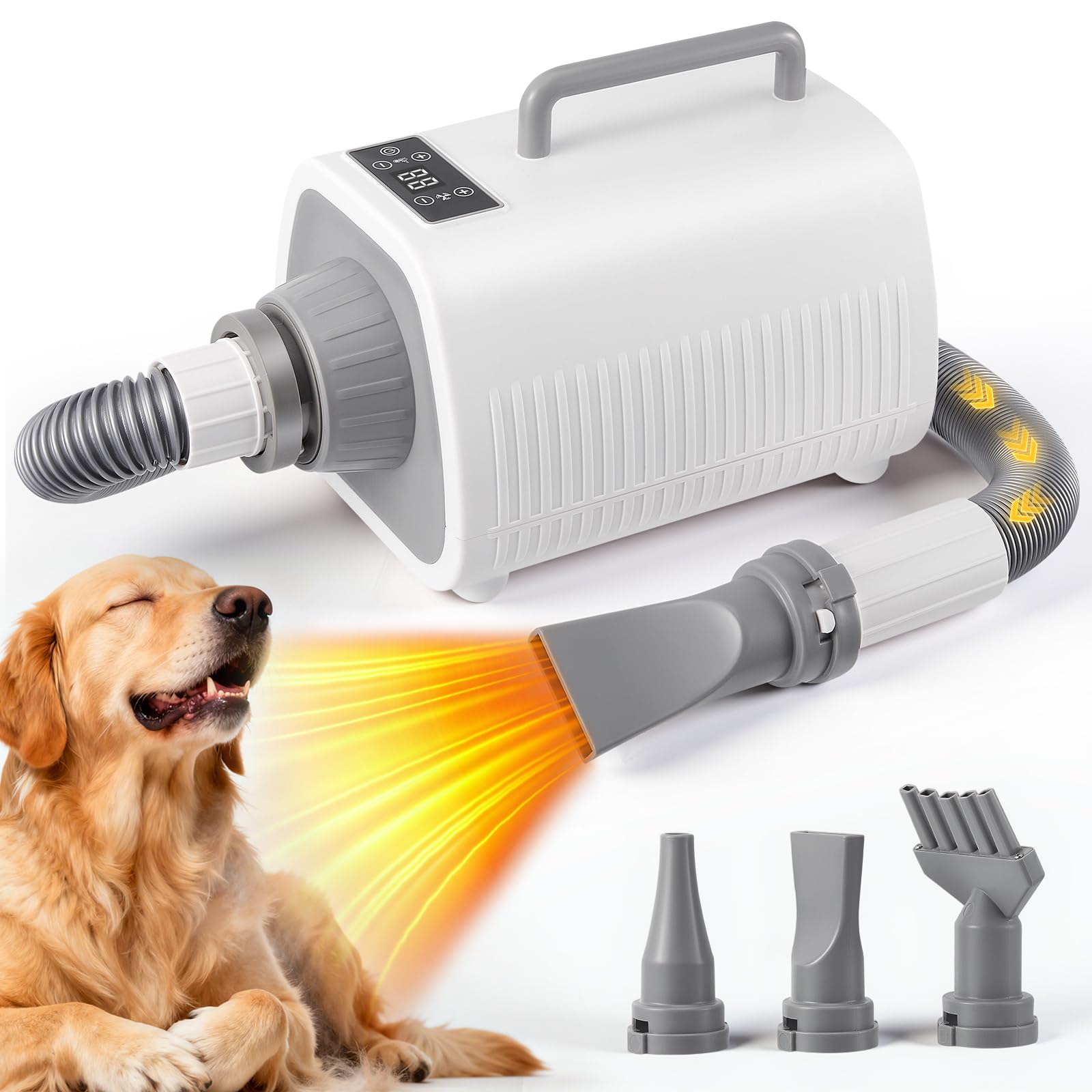 Pulseur pour Chien, Puissant Sèche-Cheveux pour Chien Blower avec Vitesse et Température Réglables, 3 Embouts, Tuyau Flexible, écran LCD, Souffleur pour Chiens et Chats de Toutes Tailles