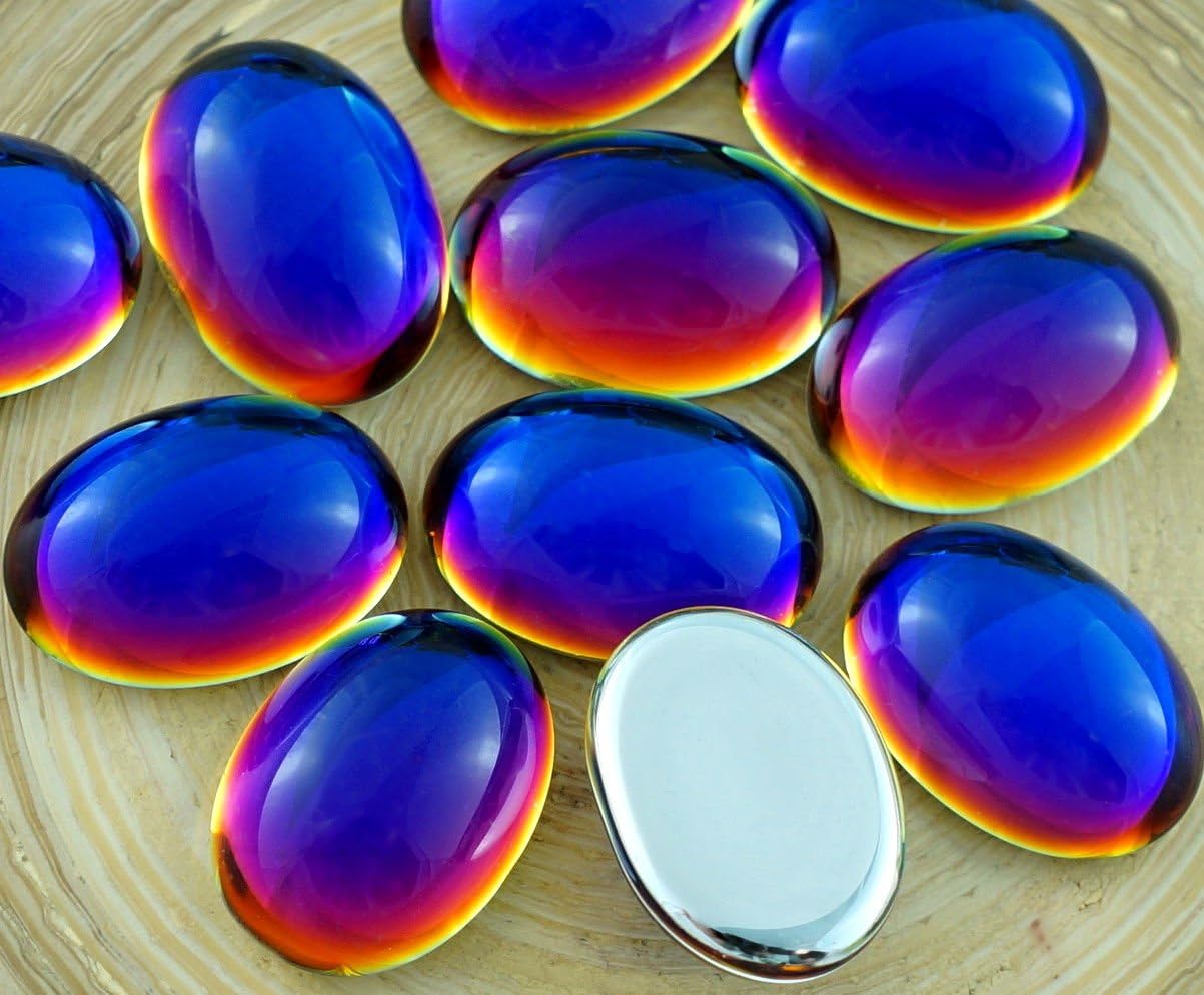 4pcs Crystal Rainbow Dichroic Vitrail Blue Azure Oval Czech Glass Cabochon 18mm x 13mm