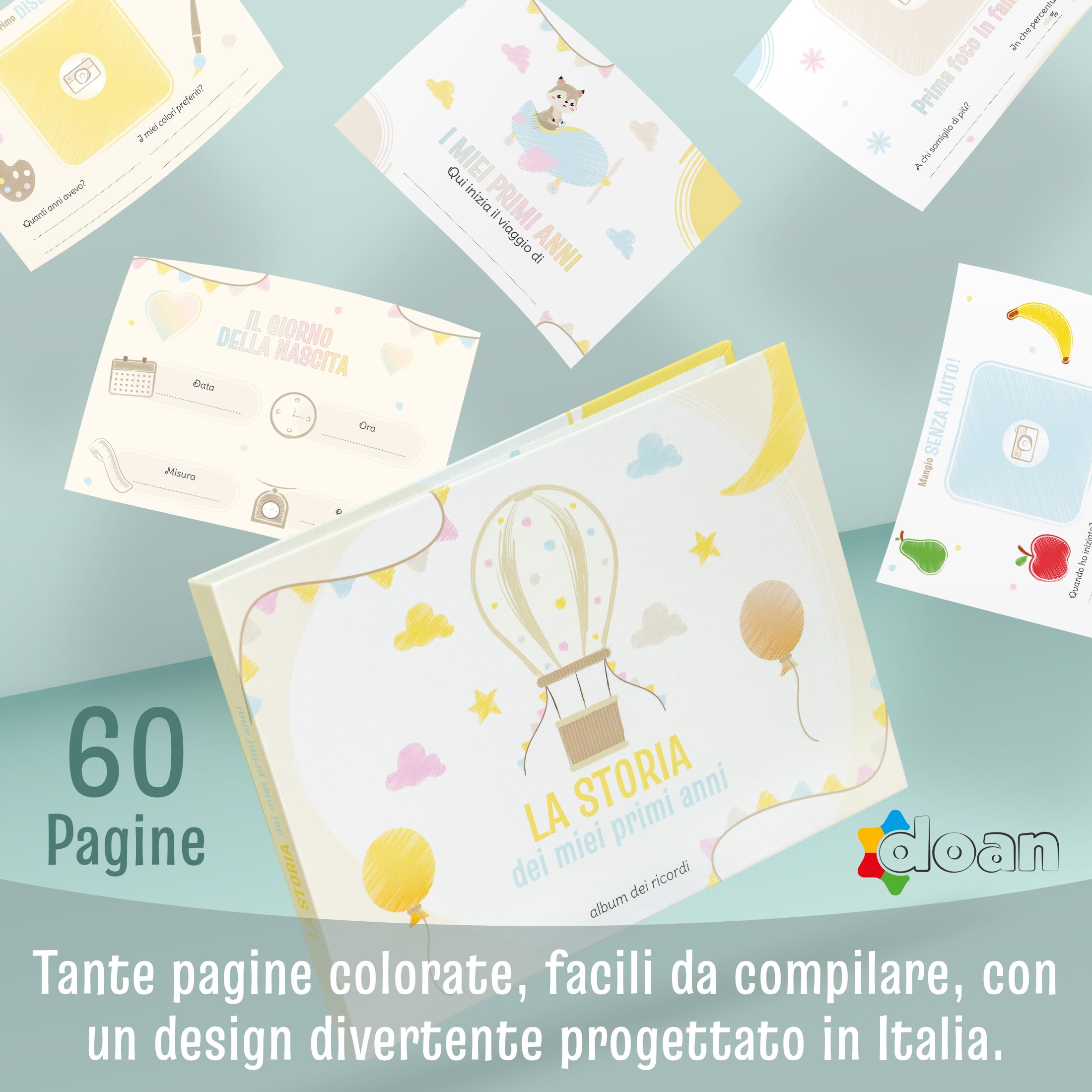 Doan Album Nascita Bambina e Bambino con 60 Pagine e Tanti Adesivi Divertenti e Colorati - Libro dei Ricordi Neonato Ideale per Regalo Nascita Bimba e Bimbo
