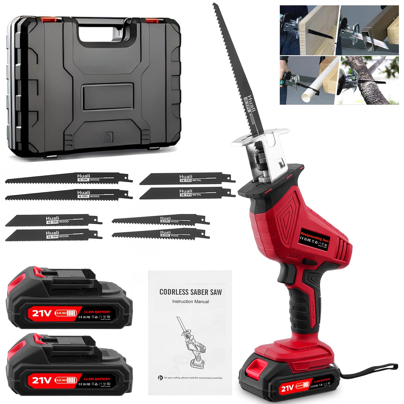 Reciprocating Saw 21V,0-4000 RPM Variable Speed Cordless Reciprocating Saws,Electric Saws with 8 Saw Blades,2x2000mAh Batteries,Fast Charger,LED Light,Tool-Free Blade Change for Wood Metal PVC Cutting