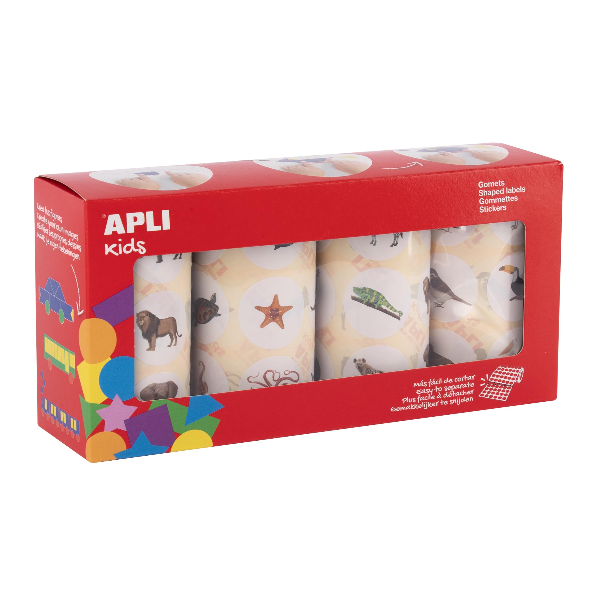 APLI Kids 20054 - Set of 4 Rolls of 33mm Round Educational Stickers on The Themes of Marine Animals, Terrestrial, Exotic and Birds - Realistic Illustrations.