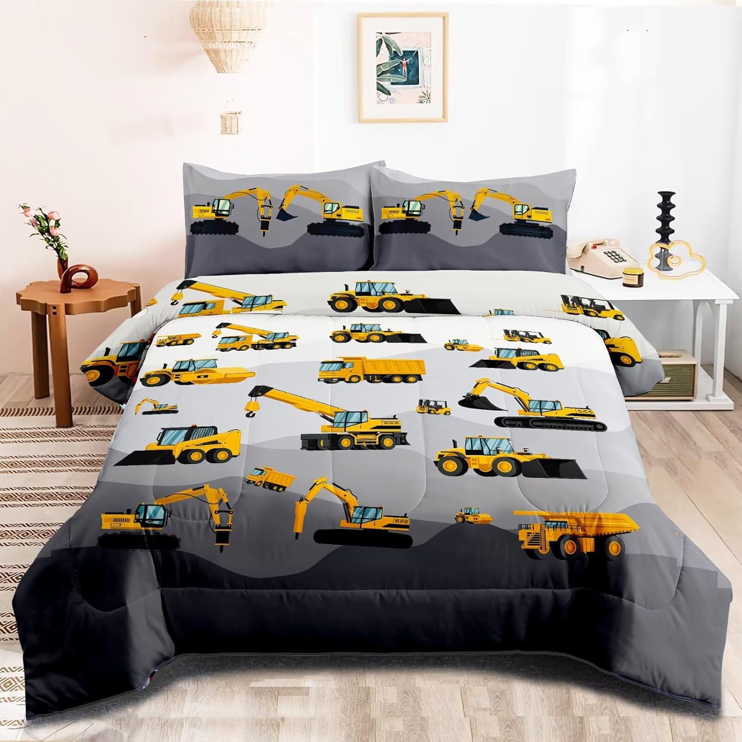 Kids Construction Vehicles Twin/Full/Queen Comforter Set 3-Piece Bedding