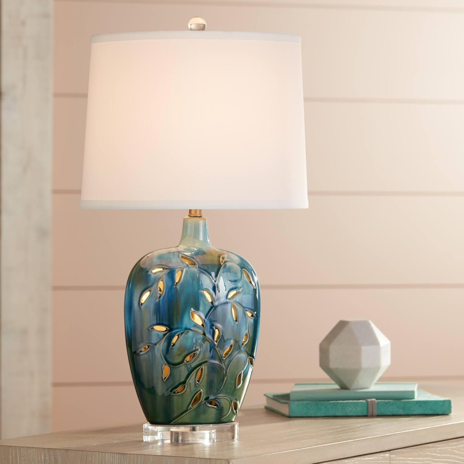 360 Lighting Devan Vines Country Cottage Style 3-Way Table Lamp with Table Top Dimmer and Night Light LED 24.5" High Blue Ceramic White Fabric Oval Shade for Living Room Bedroom House Bedside
