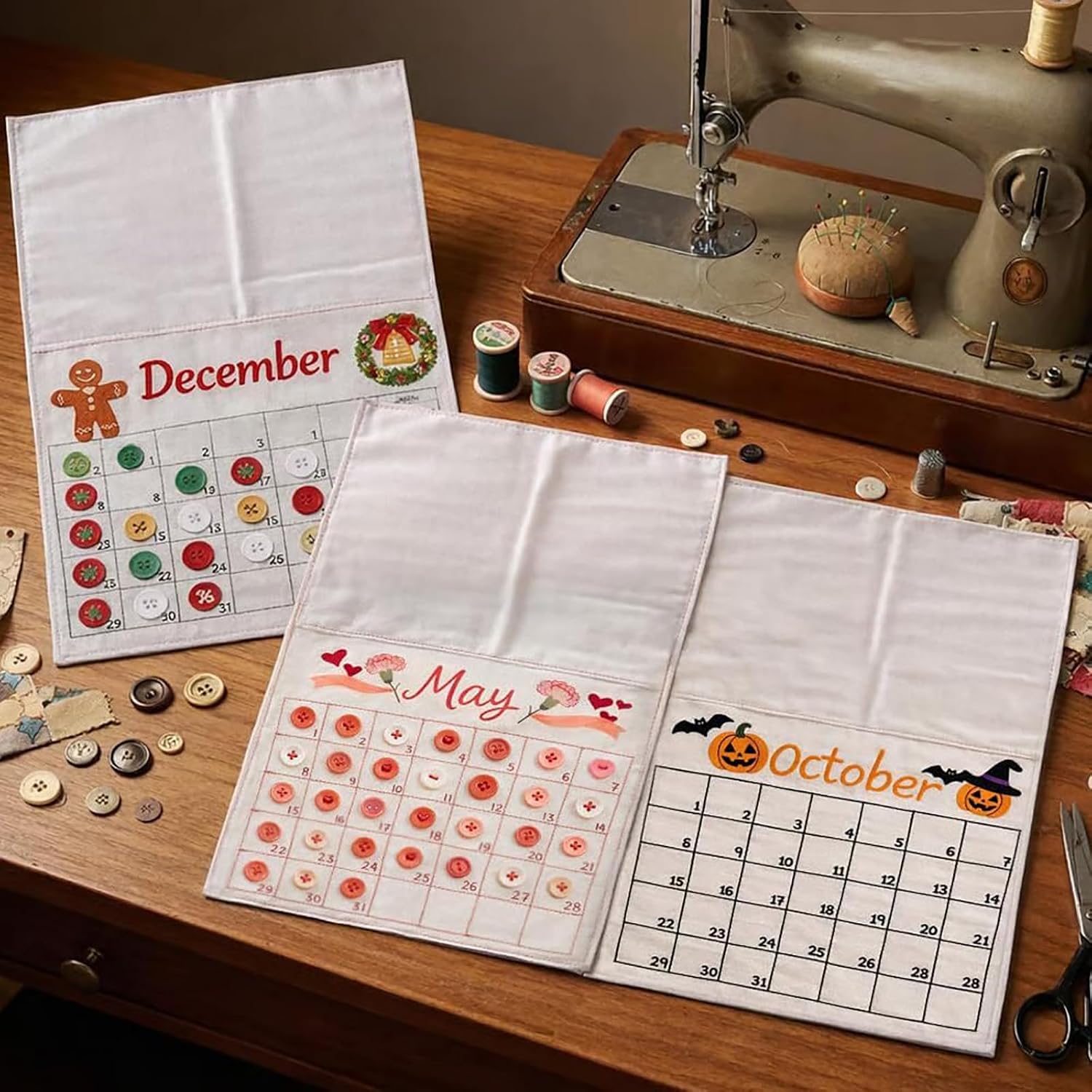 Sikrit 2026 Button Calendar: Stitch Your Year One Button at a Time, DIY Buttons Sewing Calendar Craft Kit, Handmade Embroidery Stitch Fabric Calendars with Canvas Grid for Sewing Lovers (A-PCS)