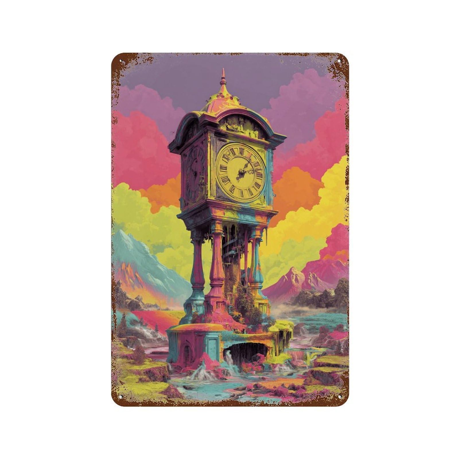 Colorful Fantasy Clock Tower 11.8"x7.9" Aged Metal Wall Plaque, Novelty Wall Decor for Shed, Workshop And Garage Wall Decor