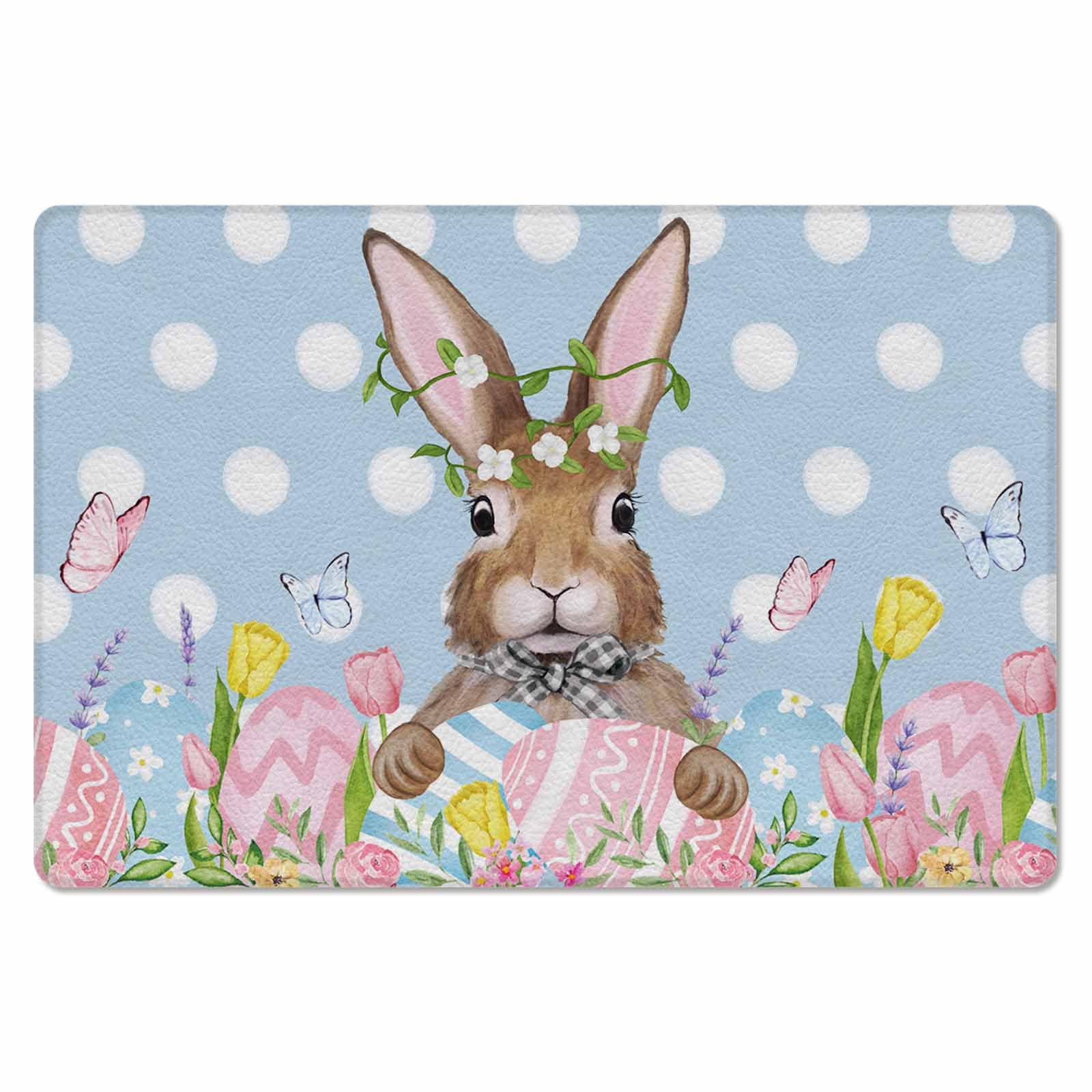 Easter Eggs Bunny Kitchen Bath Door Mat Cushioned Runner Rug,Washable Welcome Floor Sink Antifatigue Mat,Waterproof & Non-Slip Comfort Standing Doormat,Spring Flowers Bohemian Blue Polka Dots 18