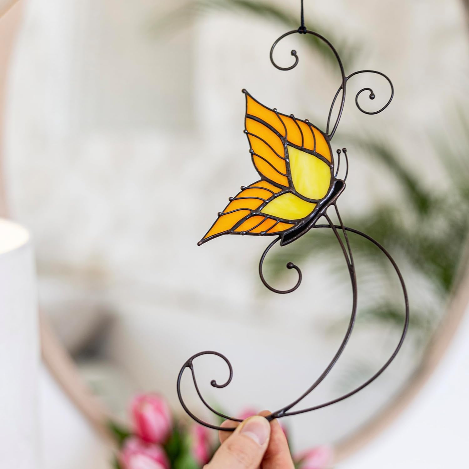 Yellow Butterfly Stained Glass Wall Window Hanging Decor, Real Glass Panel, Butterfly Home Decor, Housewarming Gift, Indoor Outdoor Decor, Butterfly Sun Catcher, Yellow Hanging Panel