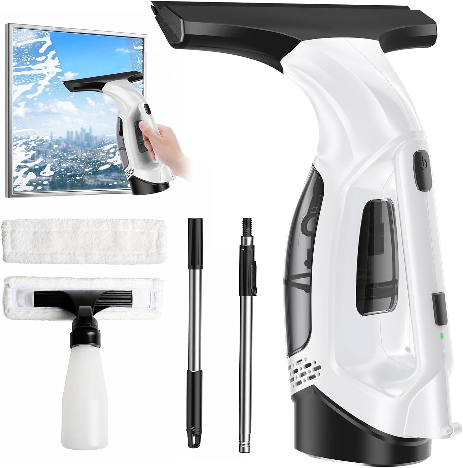 Cordless Window Vacuum Squeegee with Extension Pole, Electric Window Cleaner with Water Collection Tank, Portable Cleaning Kit for Glass Doors, Windows, Mirrors and Car（White）