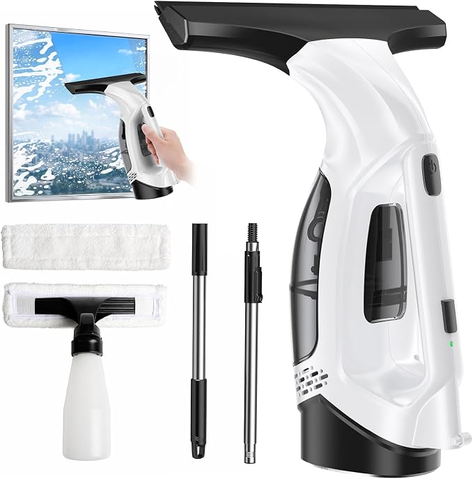 Window Vacuum Squeegee Cordless, 2200mAh Battery, Extendable Pole for High