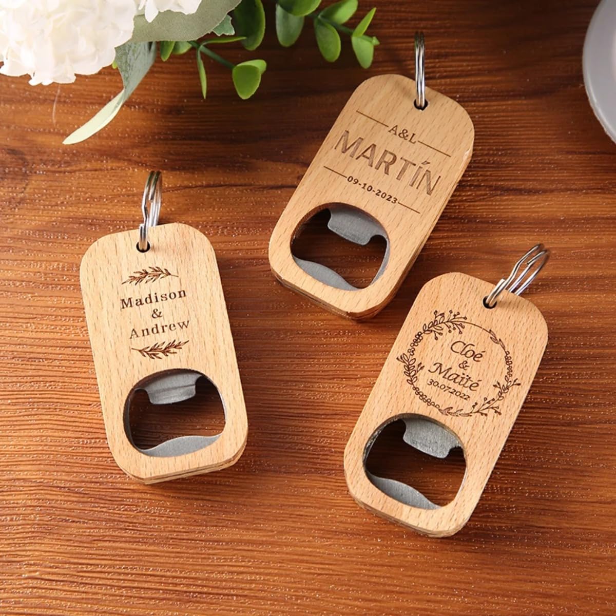 Abridor de botellas de madera grabado personalizado, abrebotellas de madera grabado personalizado para bodas (50 unidades)
